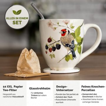Yang Chai Tasse XXL Teetasse, Große Jumbotasse mit 900ml Fassungsvermögen, Porzellan, 4-teiliges hochwertiges Teeset mit Vogel Motiv