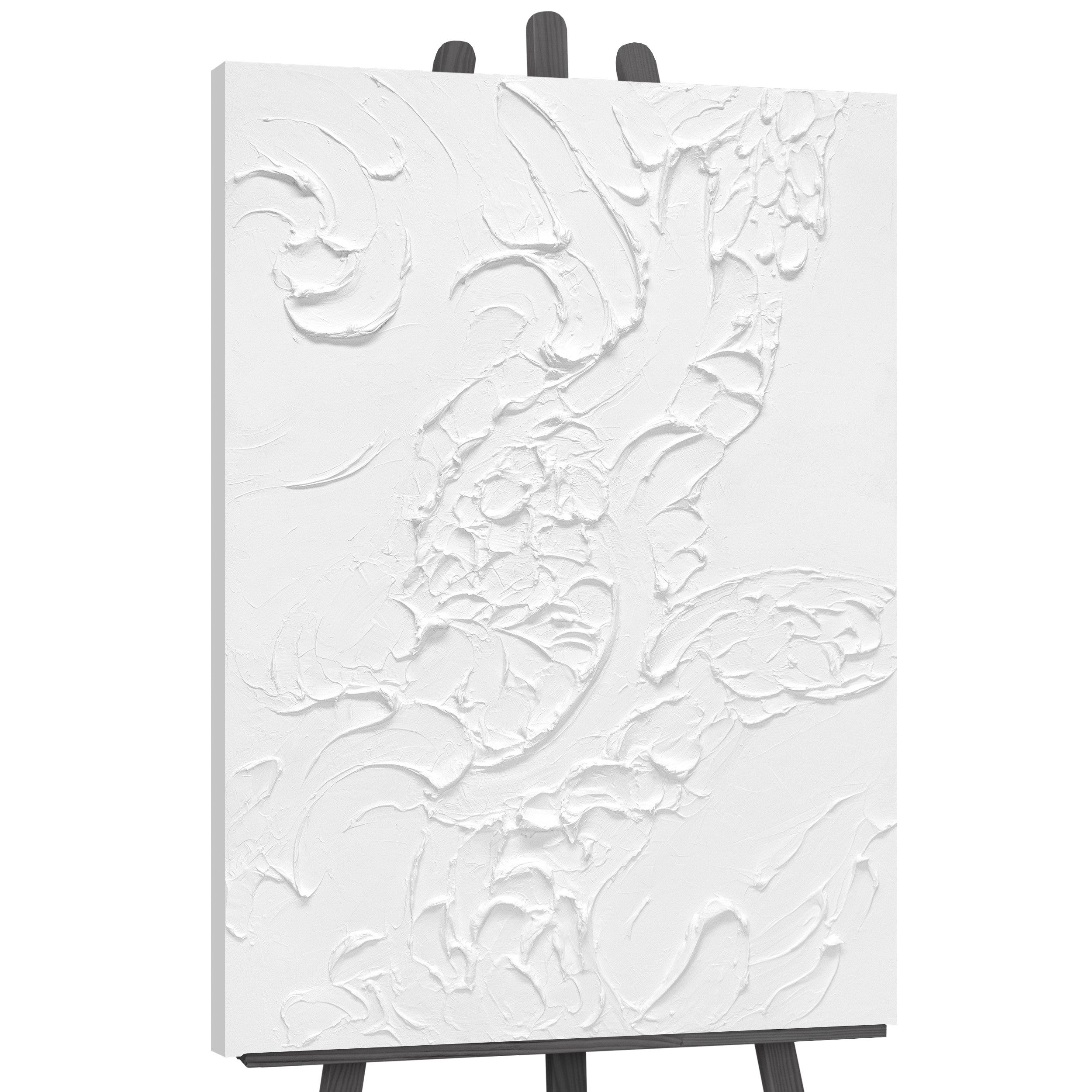 YS-Art Картина Life VI, Abstraktion, Vertikales Leinwand Bild Handgemalt Abstrakt Ton in Ton Weiß