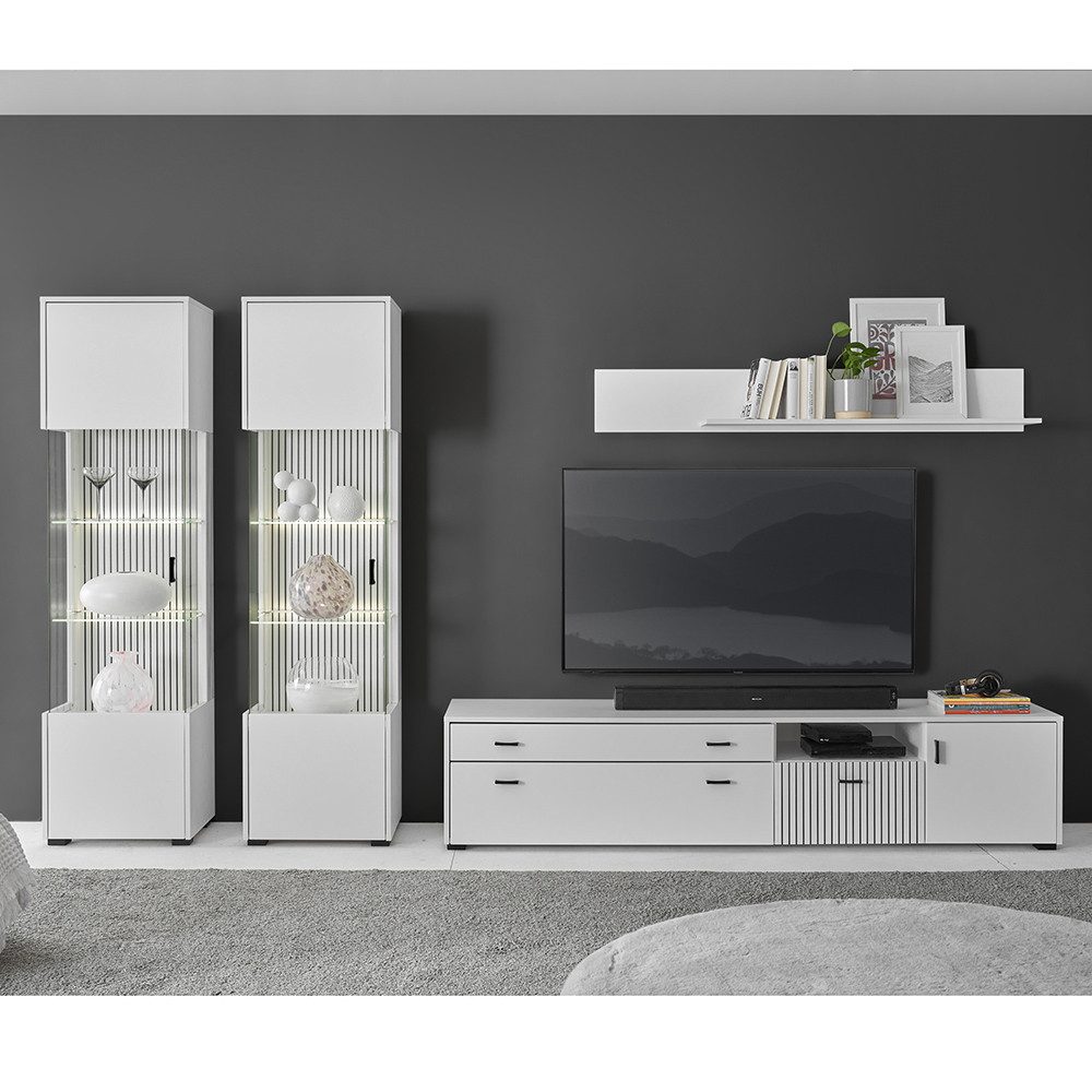 Lomadox Wohnwand HUNTER-61, (4-St), Wohnzimmer Set modern weiß matt schwarz Rillen 200cm Lowboard