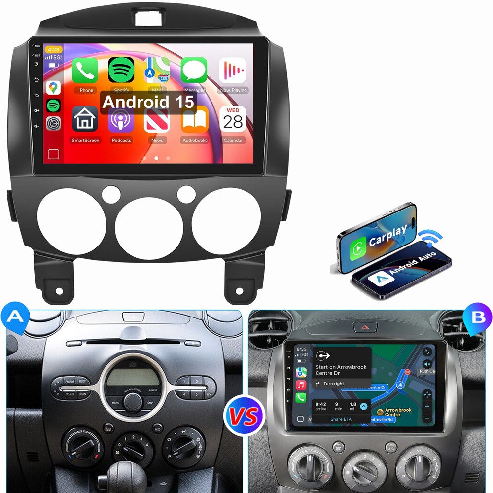 ESSGOO Android 15 Autoradio Für Mazda 2 2007-2013 Autoradio (RDS, Digitalradio (DAB), FM, 9“ Apple Carplay Android Auto GPS Navi SWC WIFI BT EQ)