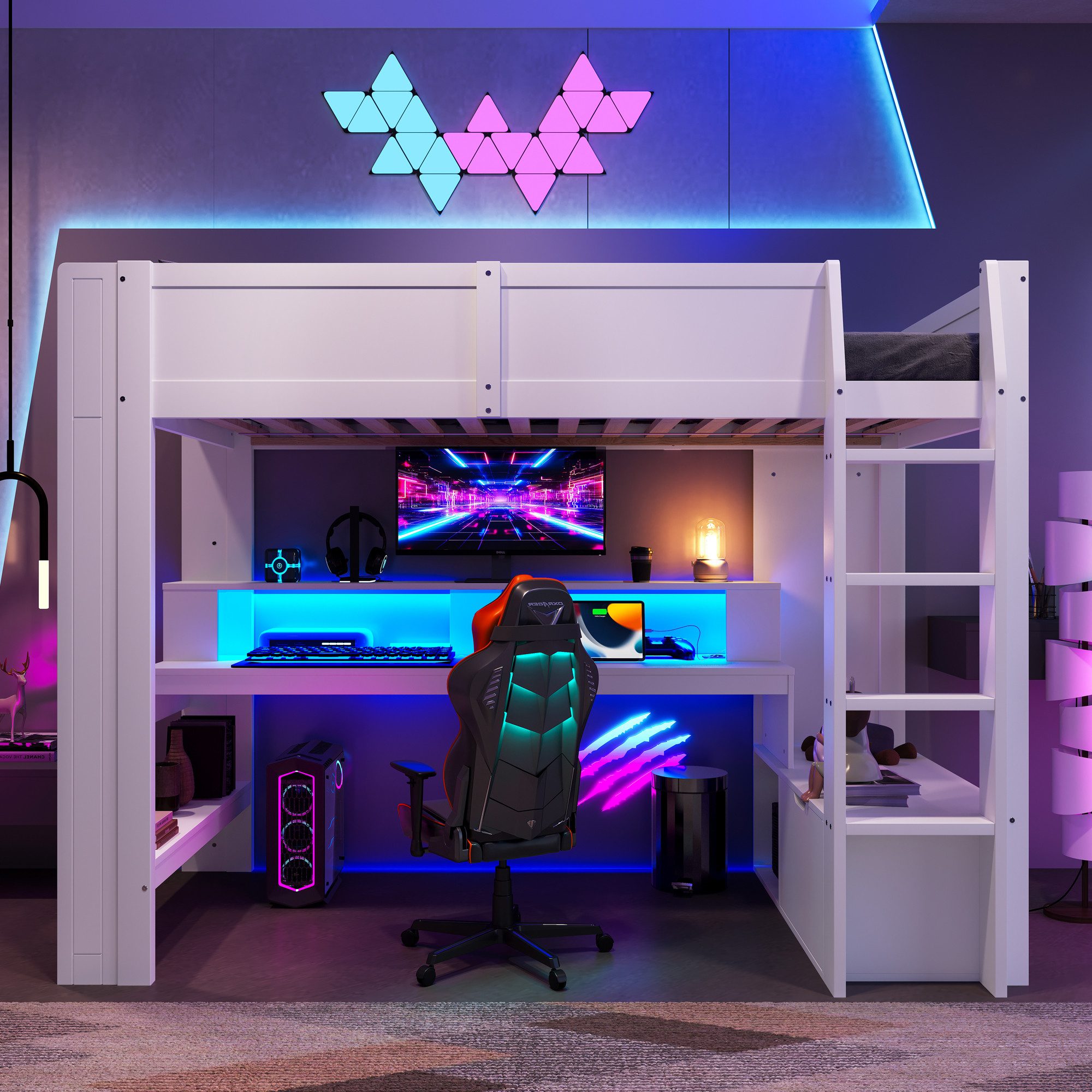 Flieks Hochbett Kinderbett 90x200cm mit LED, Aufladen, Schreibtisch und Sta günstig online kaufen