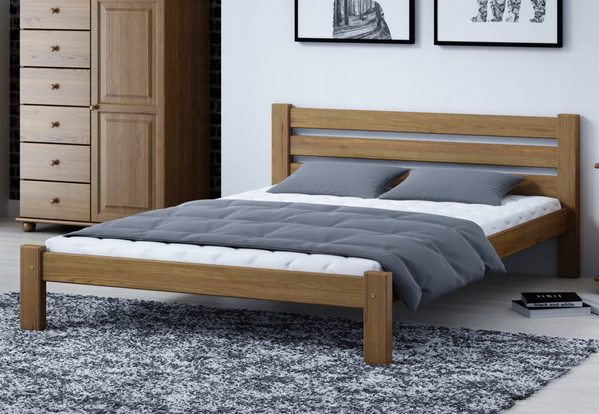 Home Collective Holzbett Einzelbett Massivholz Bett mit Massive Bettbeine & Lattenrost, 210x132x72 cm, Eiche