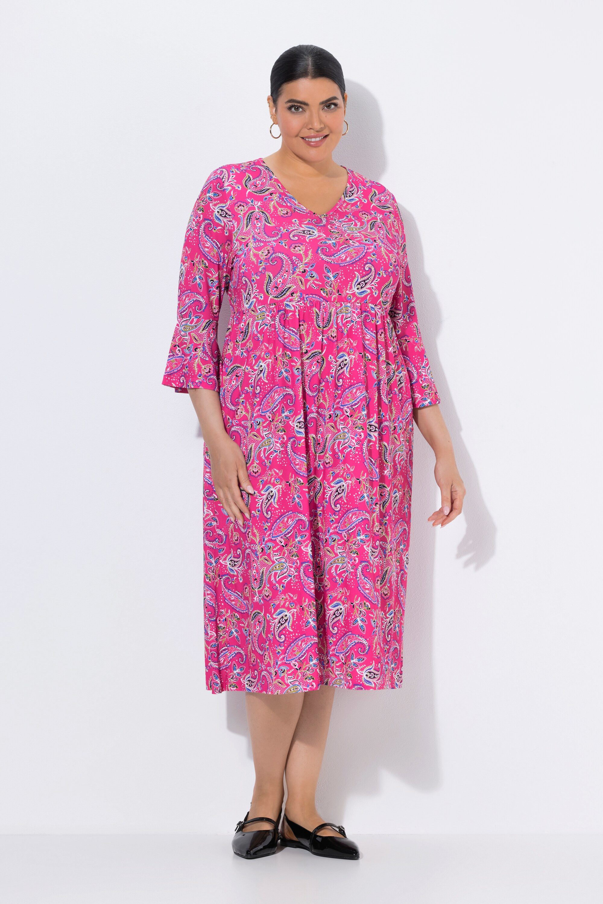 Maxikleid Jerseykleid Paisley A-Linie V-Ausschnitt 3/4-Arm