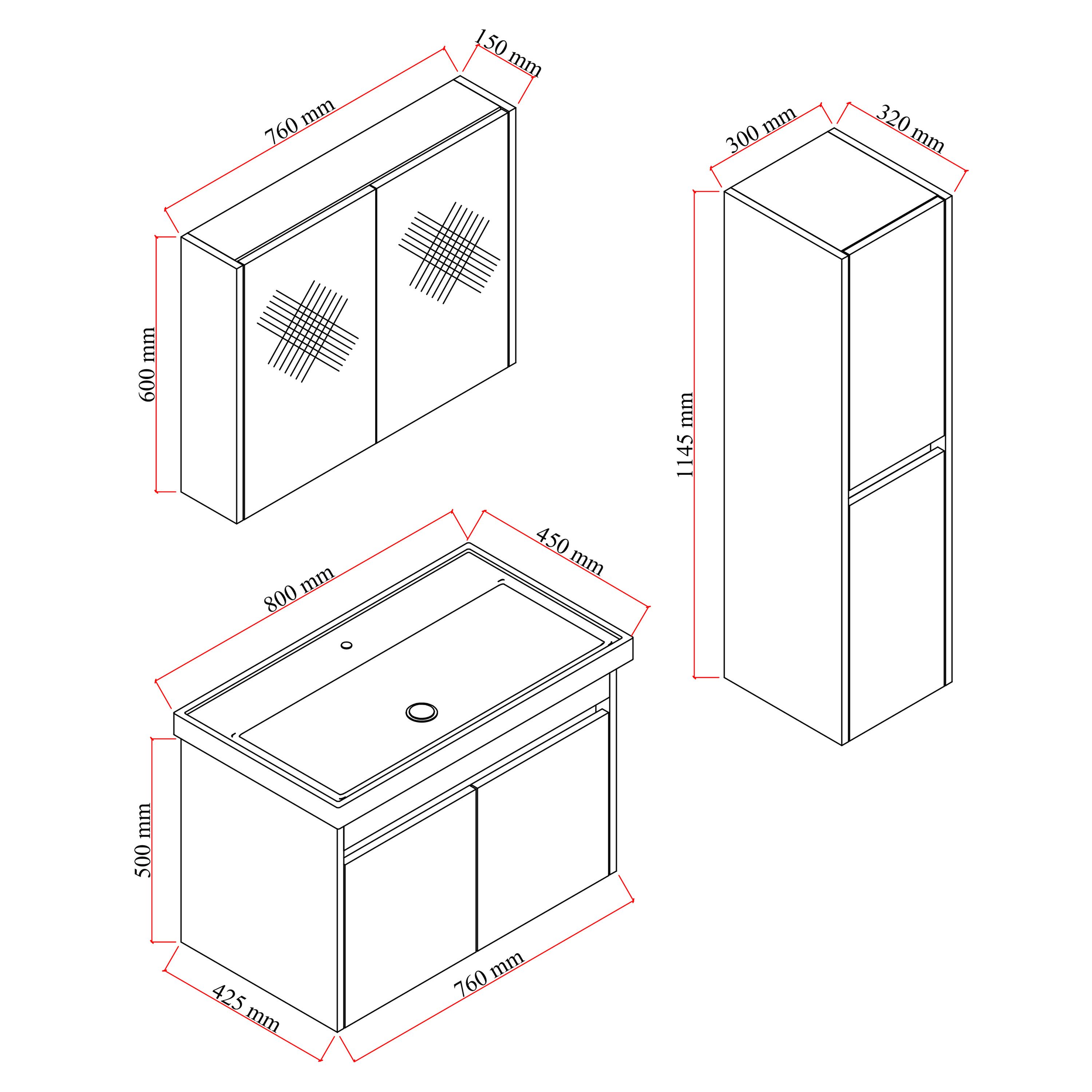 Karen Bathroom Furniture Set Dallas 4-Piece Complete Set (4-piece complete set with vanity unit, mirrored cabinet, sink & tall cabinet, 4 pieces, sink, vanity unit, cabinet with mirror, tall cabinet), Natural design, tall cabinet included, Soft-close, Space-saving