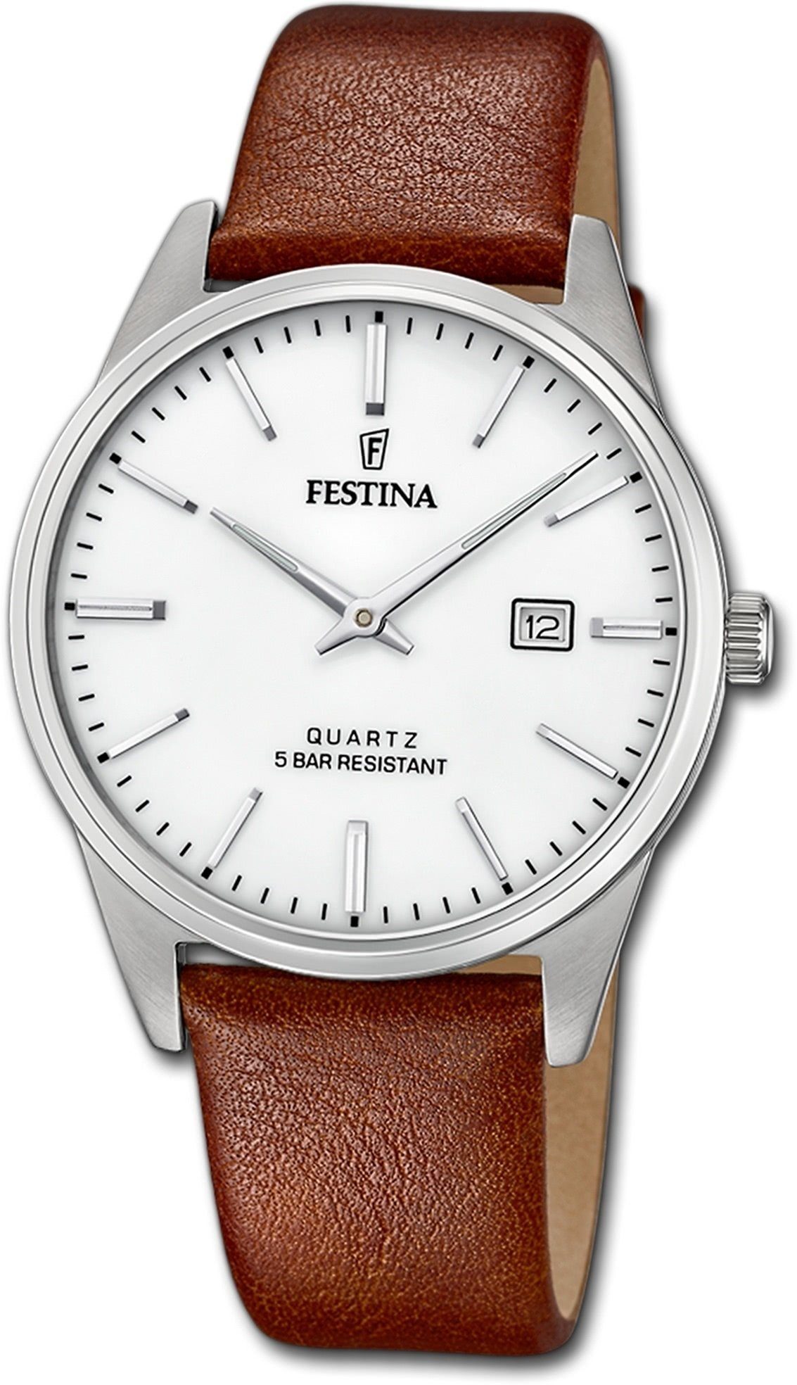 Festina Quarzuhr Uhr, Elegant rund, (ca. mittel Lederarmband 39mm) Leder Festina braun, Herren Herrenuhr