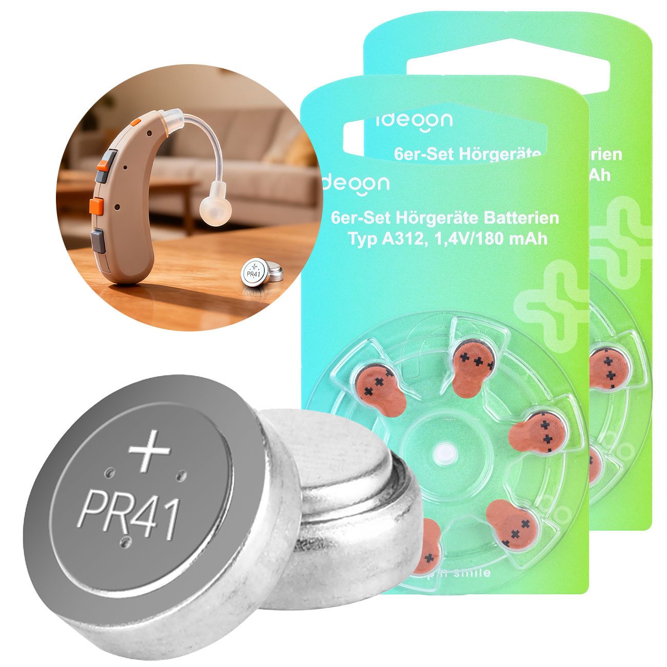 shop'n smile ideoon Hörgeräte-Batterien 312 Braun 1,4V 180mAh Knopfzellen 6/12/24 St. Knopfzelle, 1,45V Knopfzellen, 180 mAh, braune Kennzeichnung, Ø7,9 × H3,6 mm