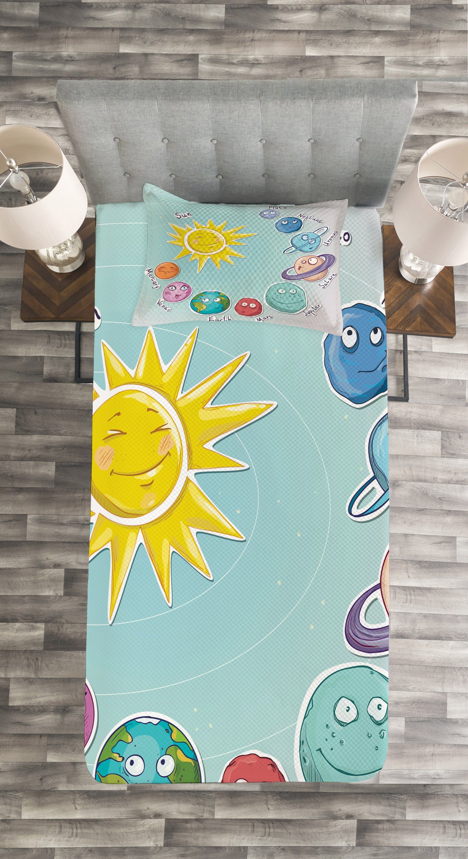 Waschbar, Kissenbezügen mit Cartoon Sonne Abakuhaus, Platz Planeten Set Tagesdecke