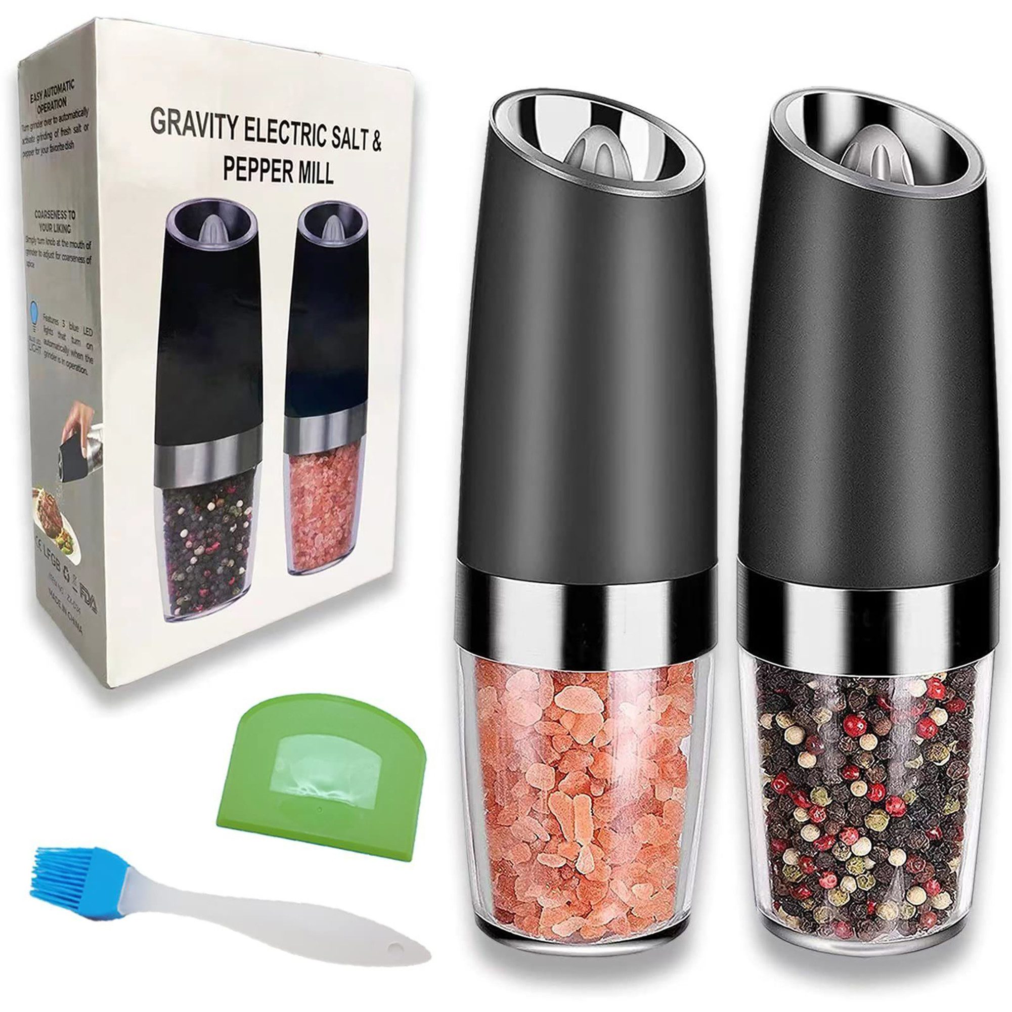 Fine Life Pro Salz-/Pfeffermühle Elektrische Salz- und Pfeffermühle Set – Schwerkraftaktiviert, (2 Stück), Einstellbarer Mahlgrad, 667 ml Fassungsvermögen-2er Set