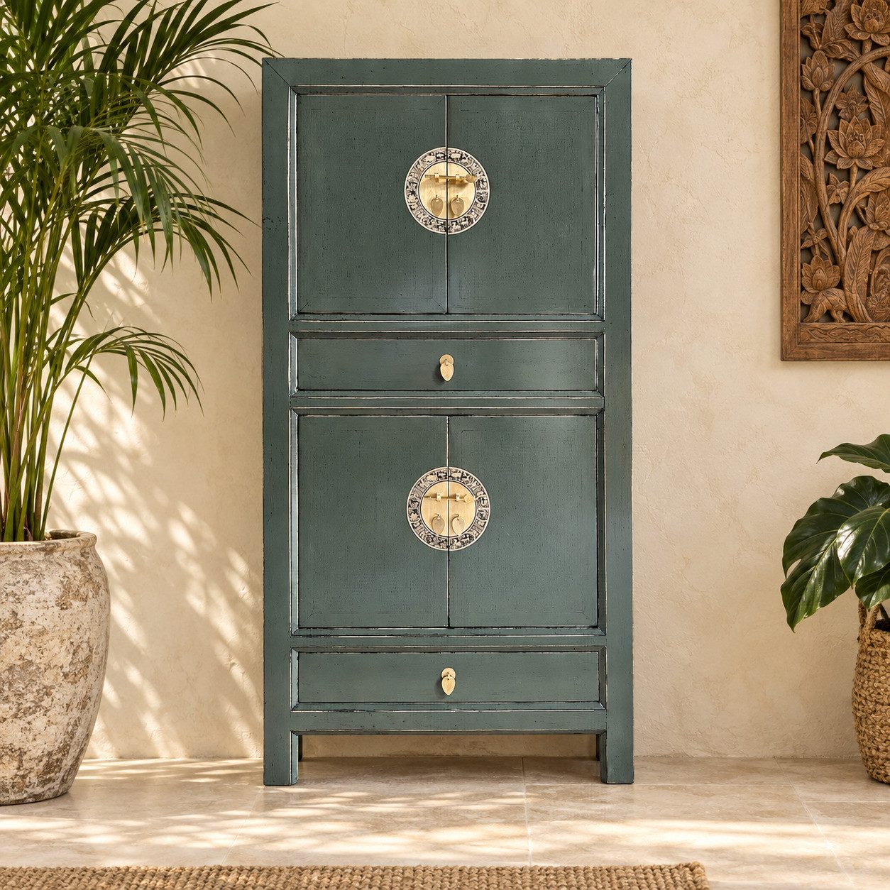 OPIUM OUTLET Kleiderschrank Schrank Hochzeitsschrank Asia Möbel komplett montiert (Wohnzimmer Schlafzimmer Antik-Stil, Hoch-Kommode BxTxH: 80x42x154 cm) Vintage-Stil asiatisch chinesisch orientalisch