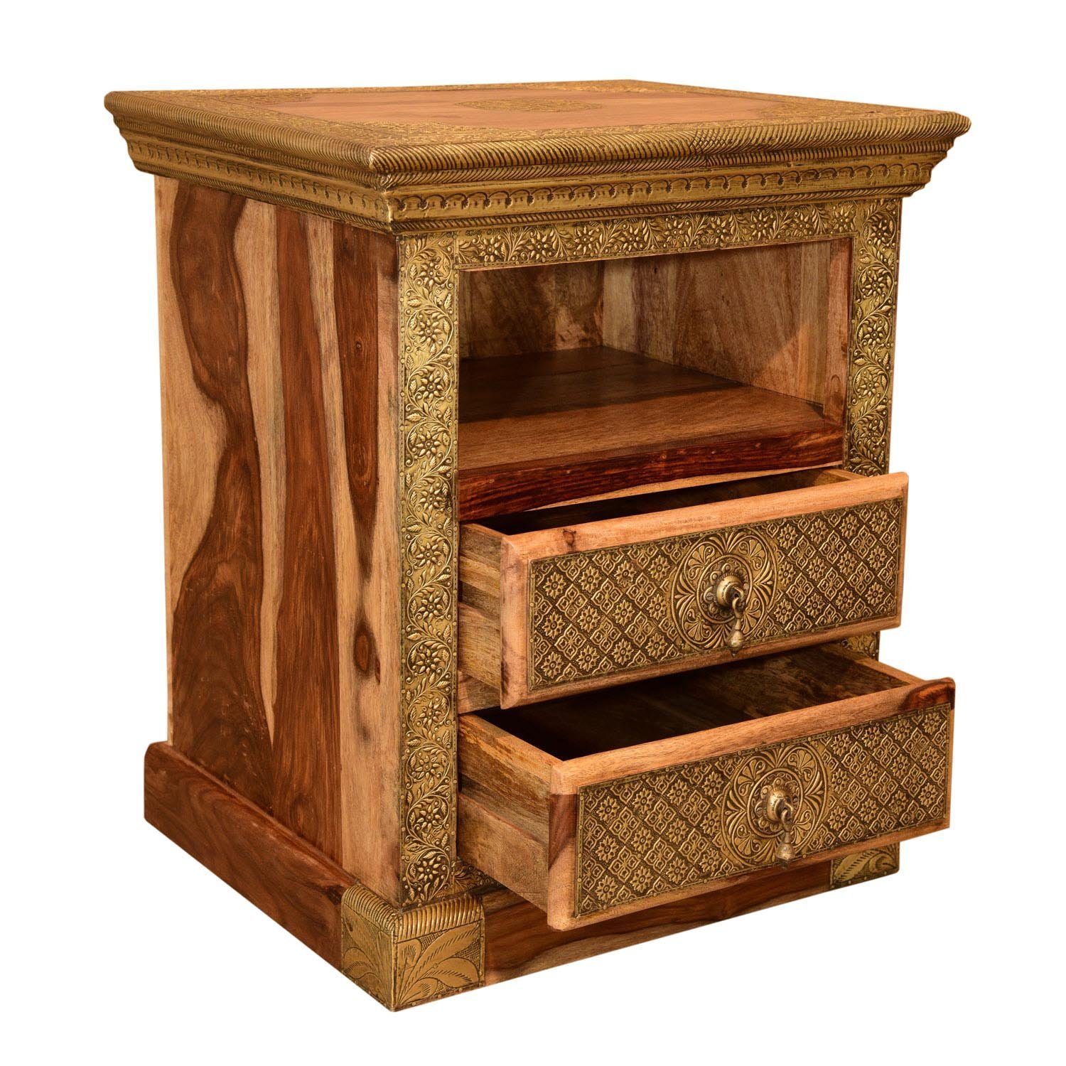 Casa Moro Nachttisch Kommode Nachttisch Marah 45x45x64 cm aus Massivholz (mit Messing verziert in braun Gold), Vintage Kommodenschrank Holzschrank, MA69-65-B