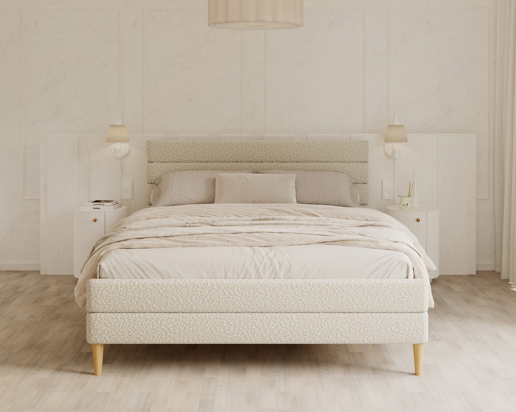 thematys Polsterbett Polsterbett Bett / 120x200,140x200, 160x200, 180x200 (MADE IN EU - mit hochwertigem Bouclé Bezug, Bettrahmen, Bett, Optional mit Matratze bestellbar, mit großen gepolsterten Kopfteil aus hochwertigen Bouclé Stoff), Holzrahmen mit Lattenrost, mit großen gepolsterten Kopfteil aus hochwertigen Bouclé Stoff), Holzrahmen mit Lattenrost