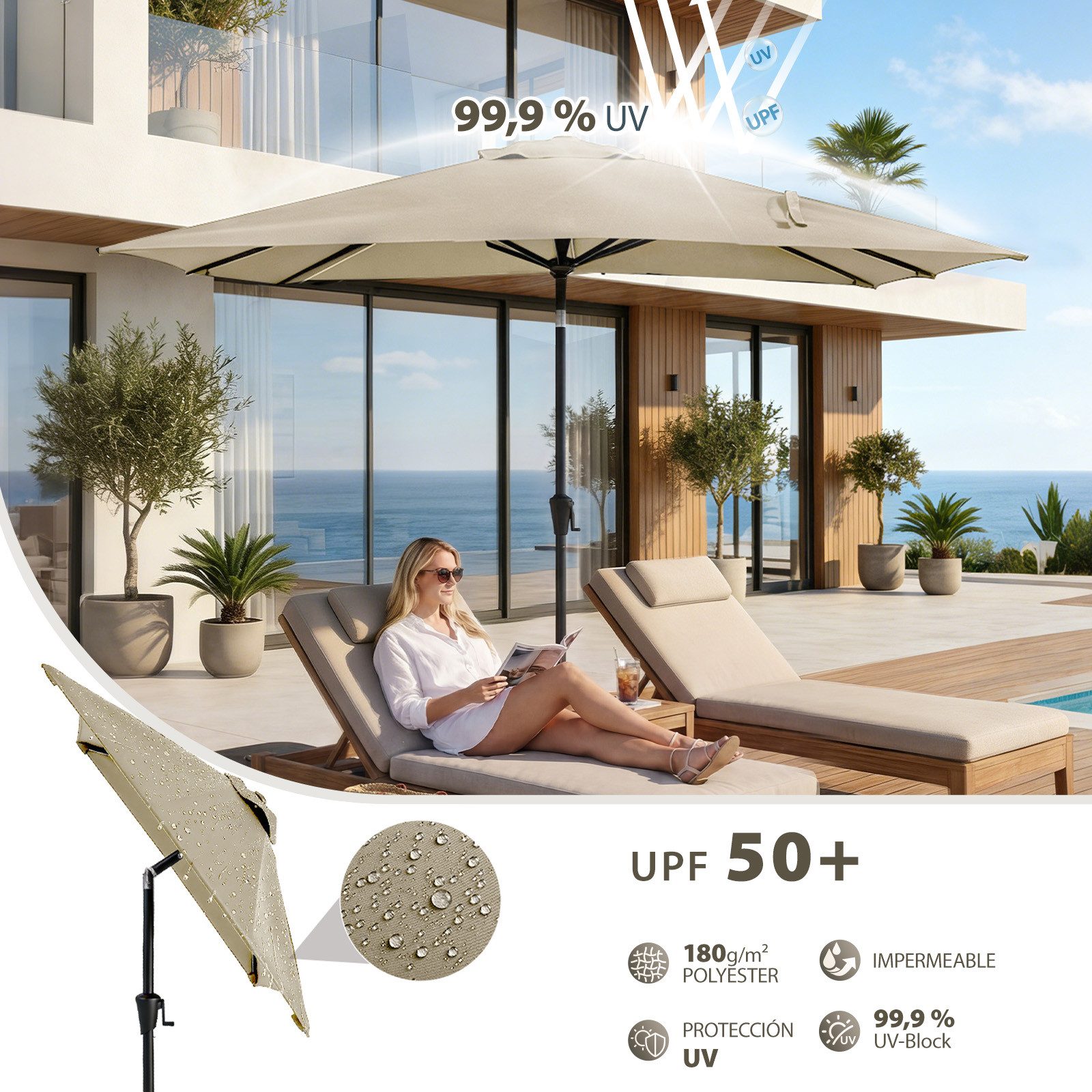 Sekey Sonnenschirm Rechteckig mit Kurbel Gartenschirm Groß Marktschirm UV Schutz, LxB: 210,00x140 cm, Sonnenschirm 210 x 140, 30° Knickbar, UV 50+, für Garten, Terrasse
