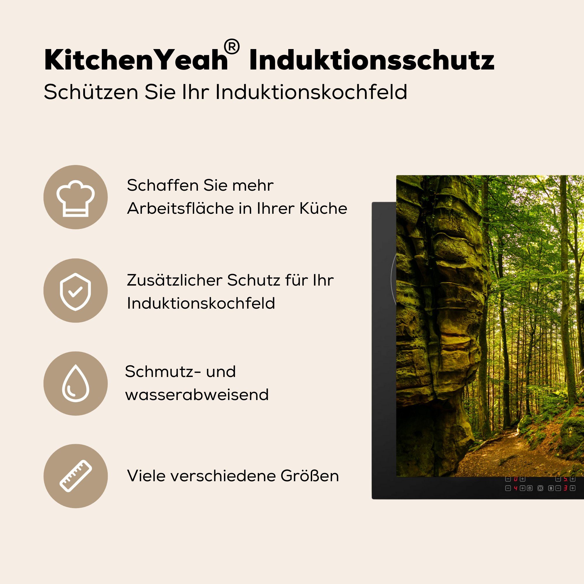 cm, (1 - tlg), Natur 77x51 - Arbeitsplatte Stein Herdblende-/Abdeckplatte - küche für Pflanzen, Wald Vinyl, Ceranfeldabdeckung, MuchoWow Bäume -