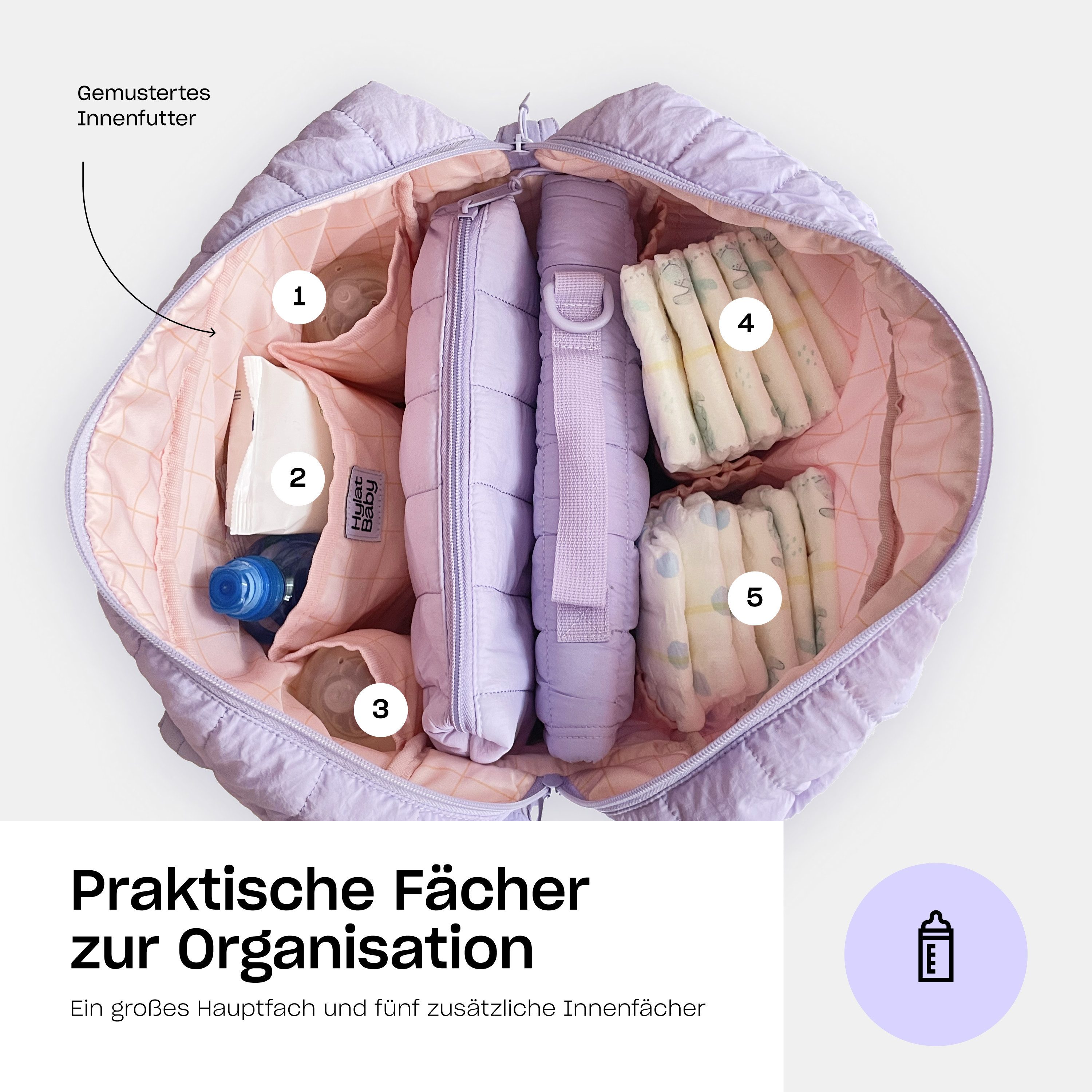 Hylat Baby Wickeltasche Wickeltasche - gesteppte Tasche für Windeln und Kindersachen - Violett (1-tlg), Gesteppte Tasche für Windeln und Kindersachen - Violett