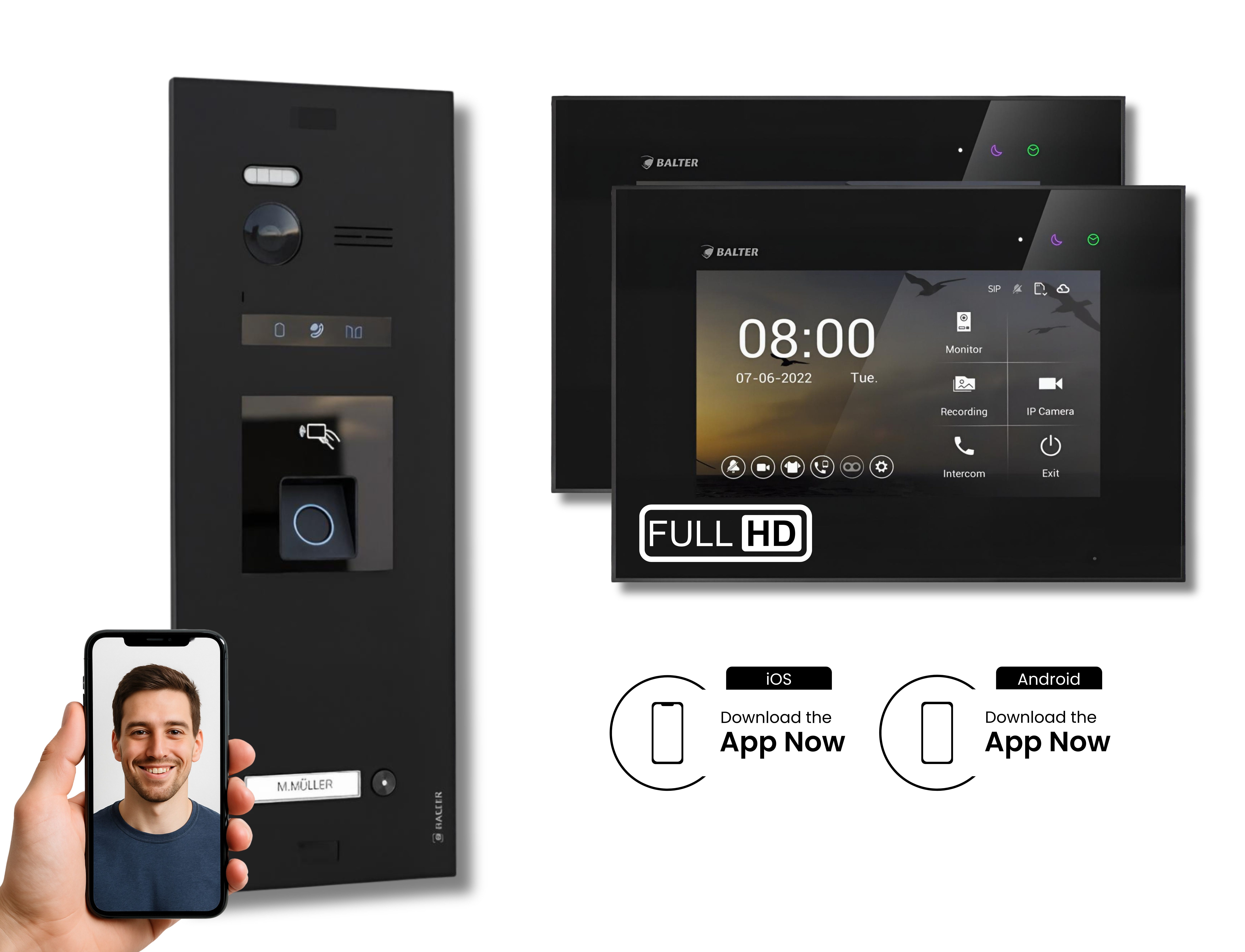 Balter Video-Türsprechanlage BALTER HD WLAN Türsprechanlage FP/RFID EVO 1-Familienhaus Schwarz (Set, 1-Familienhaus, Komplettset, Full HD 175° Kamera, Fingerprint, RFID)