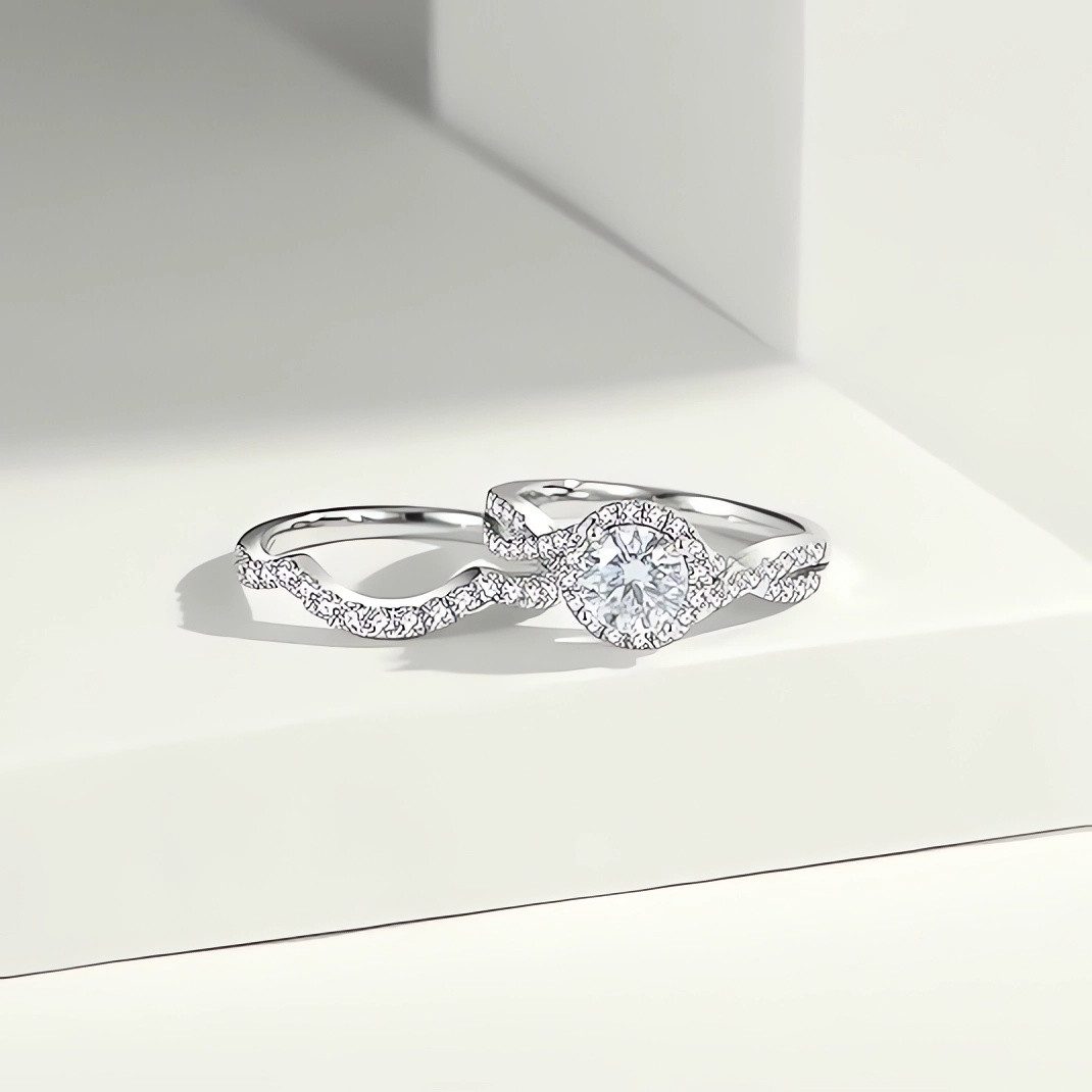 Jumpeak Diamantring Diamant,Damen Verlobungsring Set,Eheringe,Doppelringe,Frauen Geschenk (Set, 1Karat, E, VS1, 3EX, 14K), Labordiamant, 585 Gold Ringe, Promise ring, Gedenkgeschenk, Luxuriös