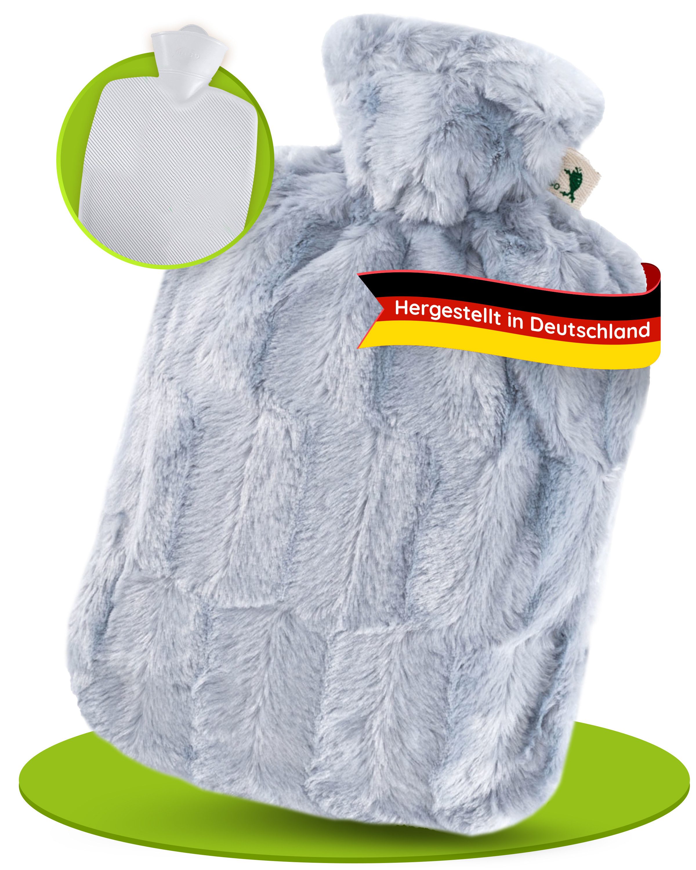 Hugo Frosch Wärmflasche Klassik 1,8 l Made in Germany mit Flauschbezug Tierfelloptik, Grau-Silber - langlebige Bettflasche, waschbarer Überzug