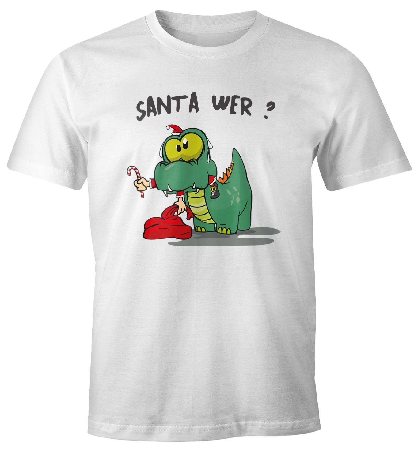 Print-Shirt Herren T-Shirt Fun Motiv Dinosaurier frisst Santa Claus Spruch Santa Wer? Weihnachtsmann Fun-Shirt Moonworks®