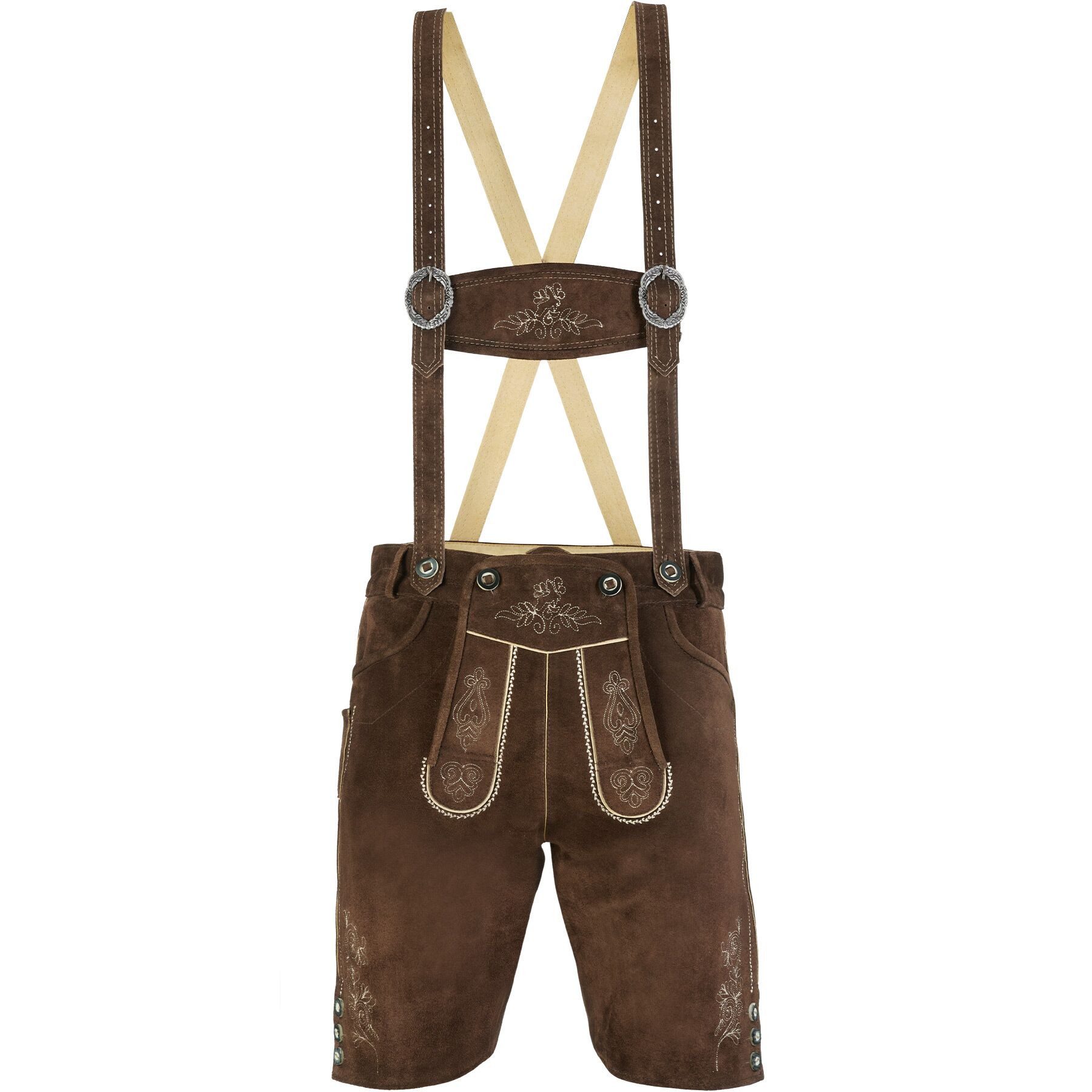 dressforfun Trachtenhose Klassische kurze Lederhose mit gesticktem Latz, robust (Herrenhose Jakob, für Volksfeste in Dunkelbraun) Inkl. Gürtel, Hosenträgern, Trachtenhemd, Loferl und Haferlschuhen