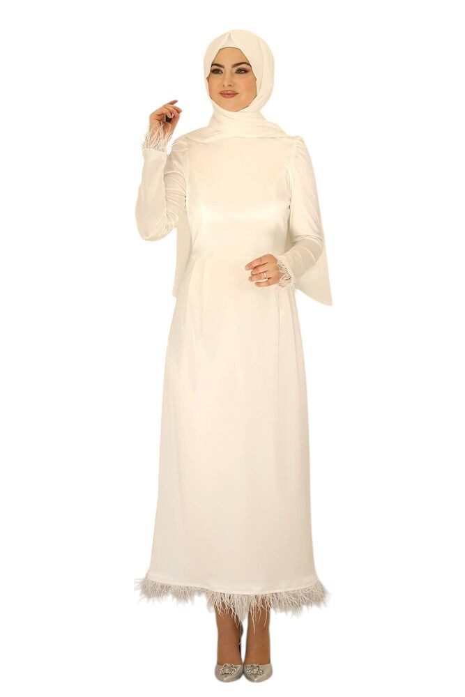 fashionshowcase Satinkleid Damen Abendkleid schlicht Abiye Abaya Modest Fashion Federdetails am Saum und an den Ärmelabschlüssen