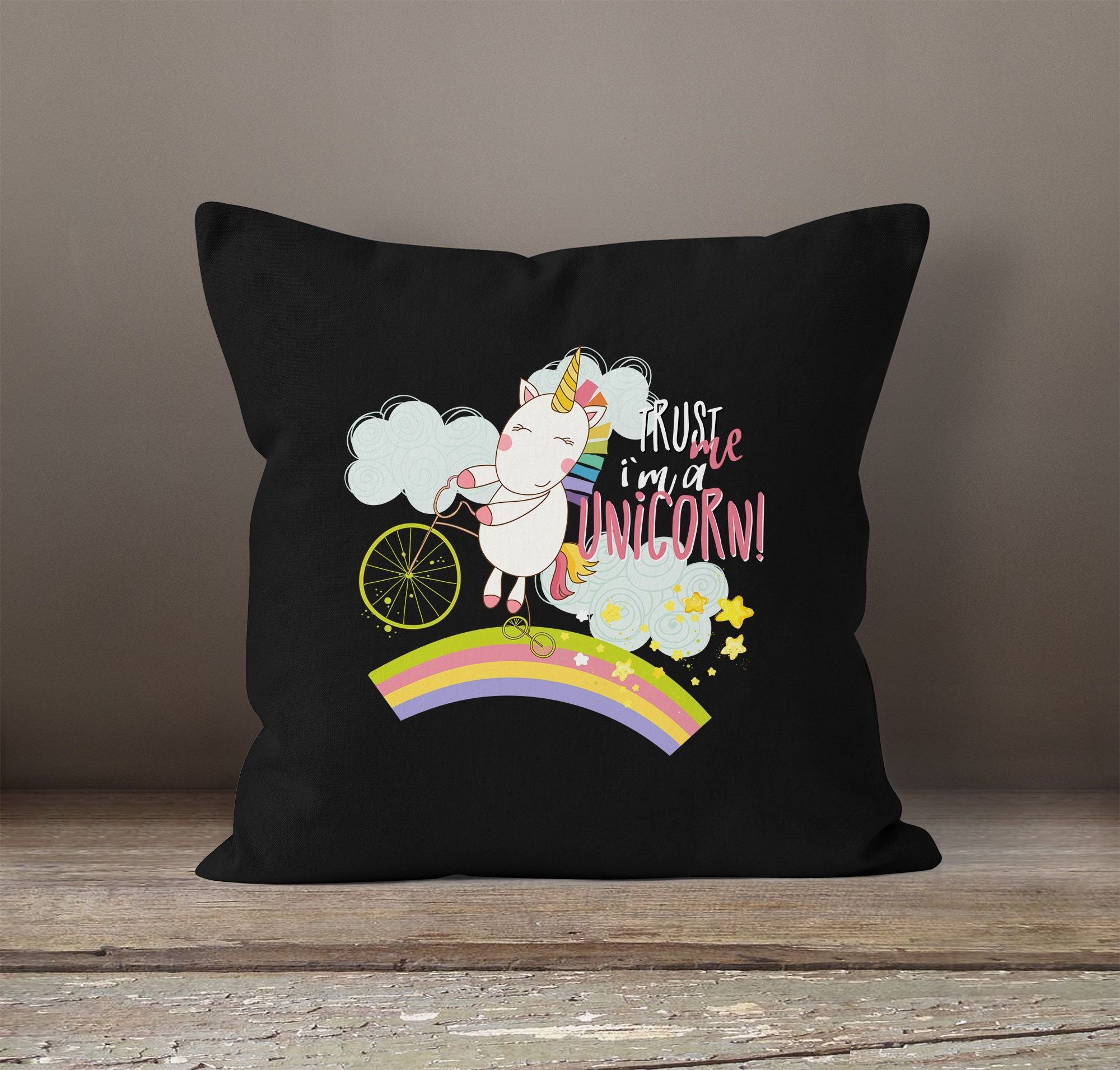 MoonWorks Dekokissen Kissenbezug Einhorn Spruch MoonWorks® Sprüche me Baumwolle 40x40 schwarz I´m a Trust Unicorn Deko-Kissen Kissen-Hülle