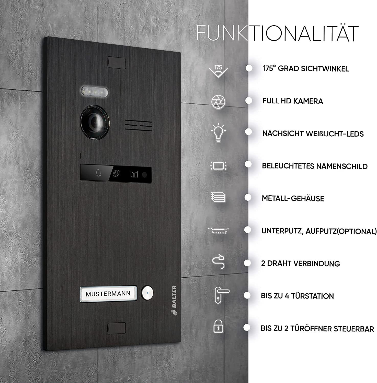 Balter Video-Türsprechanlage EVO HD für 1 Familienhaus, 1x Monitor BL, Full HD, 2-Draht, Schwarz (Komplettset, 1-tlg., Full HD Video, Interkom, 2-Draht BUS)