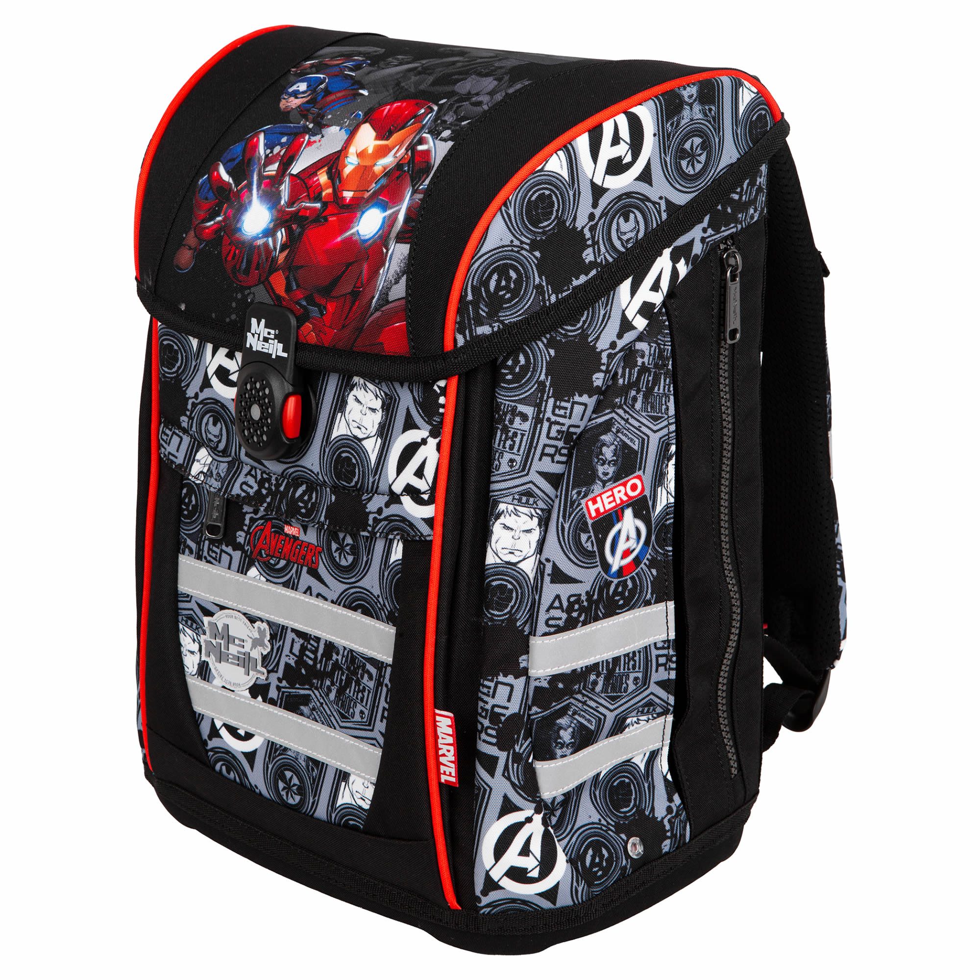 McNeill Schulranzen TENERIS Avengers 4-teilig mit Etui, Schlampermäppchen & Sportbeutel (Spar-Set, mit Sportbeutel, mit Federtasche, mit schlampermappe, mit Schlamperrolle), Air-Flow Rückensystem, Leichtgewicht ca. 980 g, 4-teiliges Set