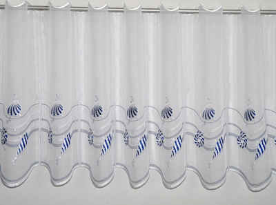 Scheibengardine Muscheln, Stickereien Plauen, Durchzuglöcher (1 St), transparent, Voile, veredelt mit echter Plauener Spitze Stickerei