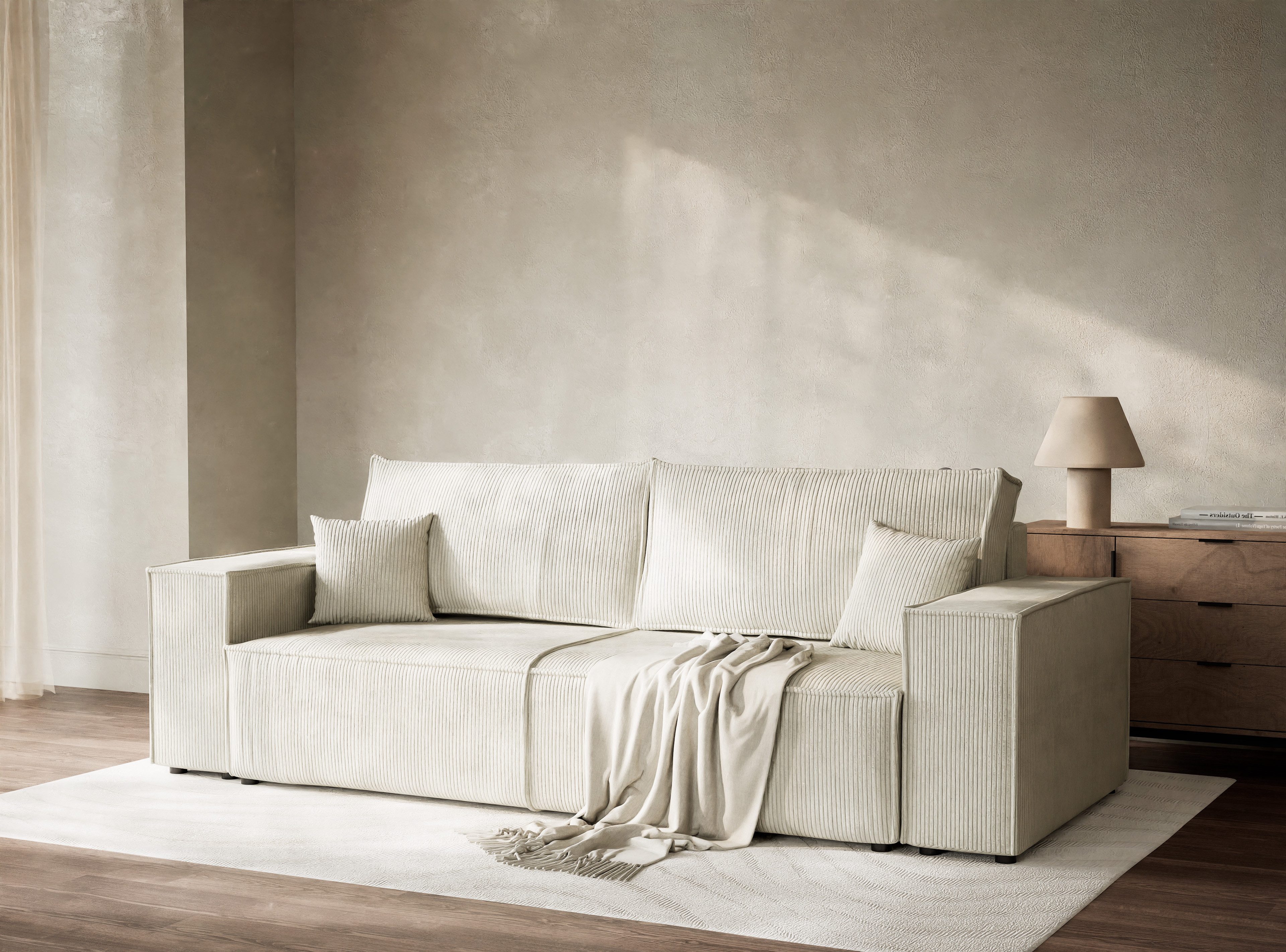 Maison de Rêve 3-Sitzer Sofa mit Schlaffunktion Milos, Schlafsofa mit Bettkasten und Zierkissen, Liegefläche 135x200 cm