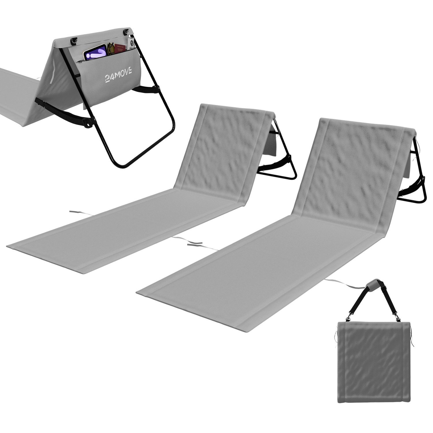 24Move Strandtuch, Strandmatte Set, Klappbare Campingliege, Tragetasche, (für Urlaub oder Garten), faltbar zur Tasche und Gurt, 2er Set, grau, Strandtuch