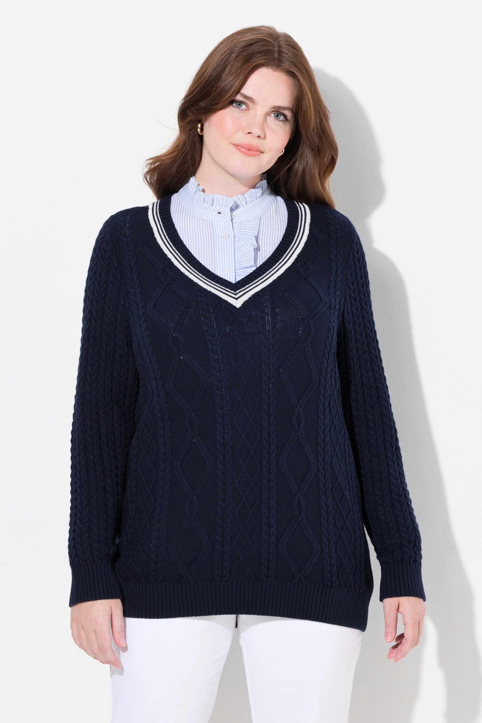 Ulla Popken Strickpullover Pullover Zopfmuster V-Ausschnitt günstig online kaufen