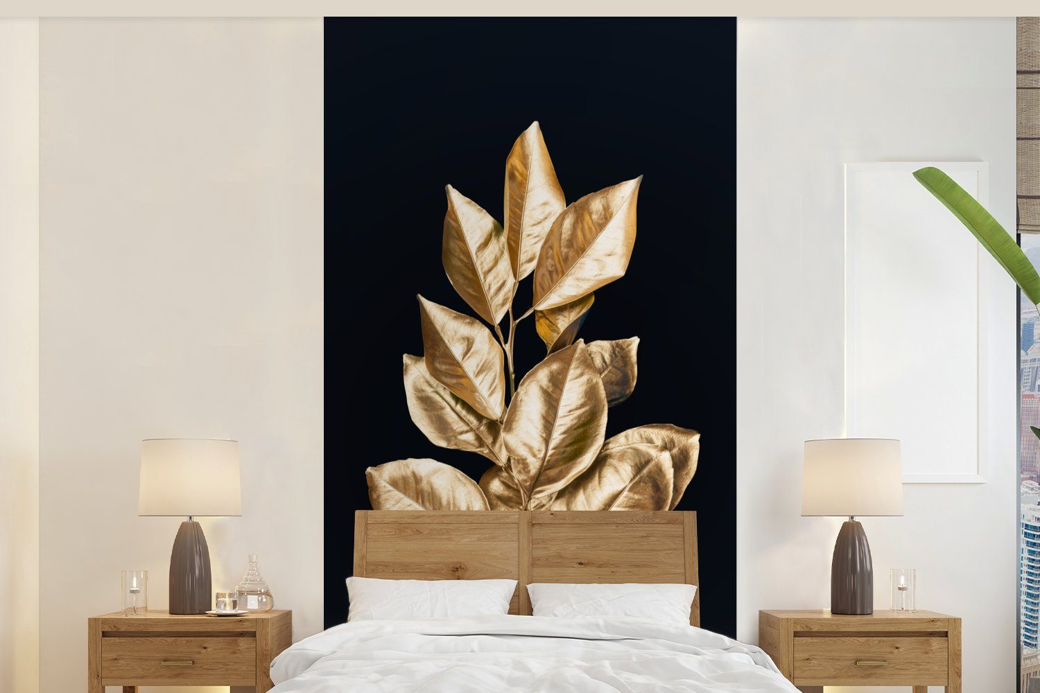 Matt, - Gold bedruckt, Pflanze MuchoWow - (2 St), Luxus, Wohnzimmer für - Vliestapete Blätter Schlafzimmer - Schwarz Fototapete Küche, Fototapete