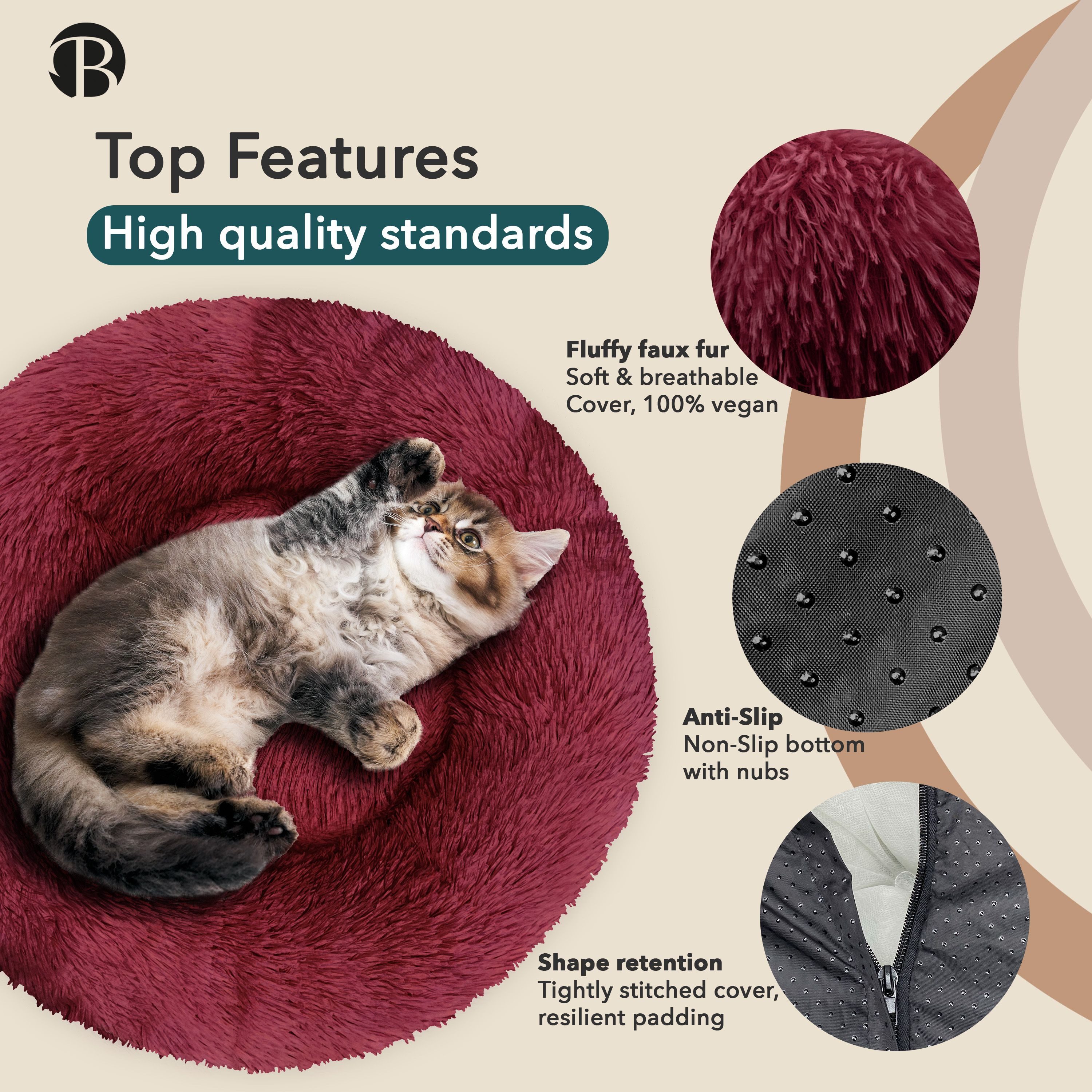Bluzelle Tierbett Premium Hundebett Hundekissen Donut / Katzenbett Katzenkissen / S, Flauschig Kuschelig Weiches Kunstfell, für Mittlere Hunde / Hundekorb / Rund Waschbar Plüsch Kissen Tier Bett