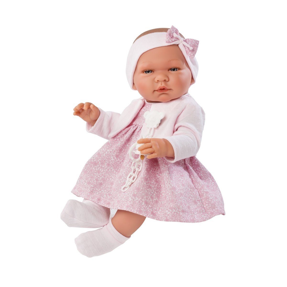 Anziehpuppe Maria 43 cm rosa Blümchenkleid Söckchen, Stirnband, Schleife