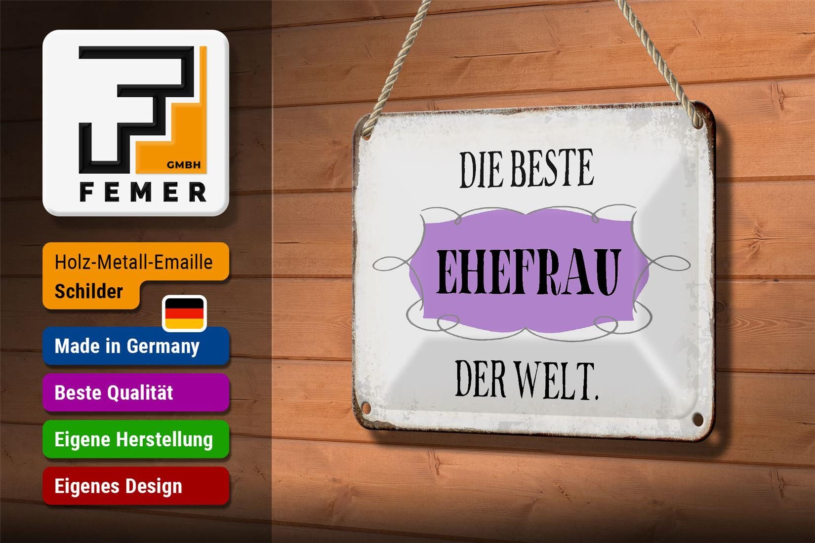 Femer GmbH Metallschild Spruch 18x12cm die beste Ehefrau der Welt, (1 St), gewölbte Oberfläche, abgerundete Ecken, umgeschlagene Kanten