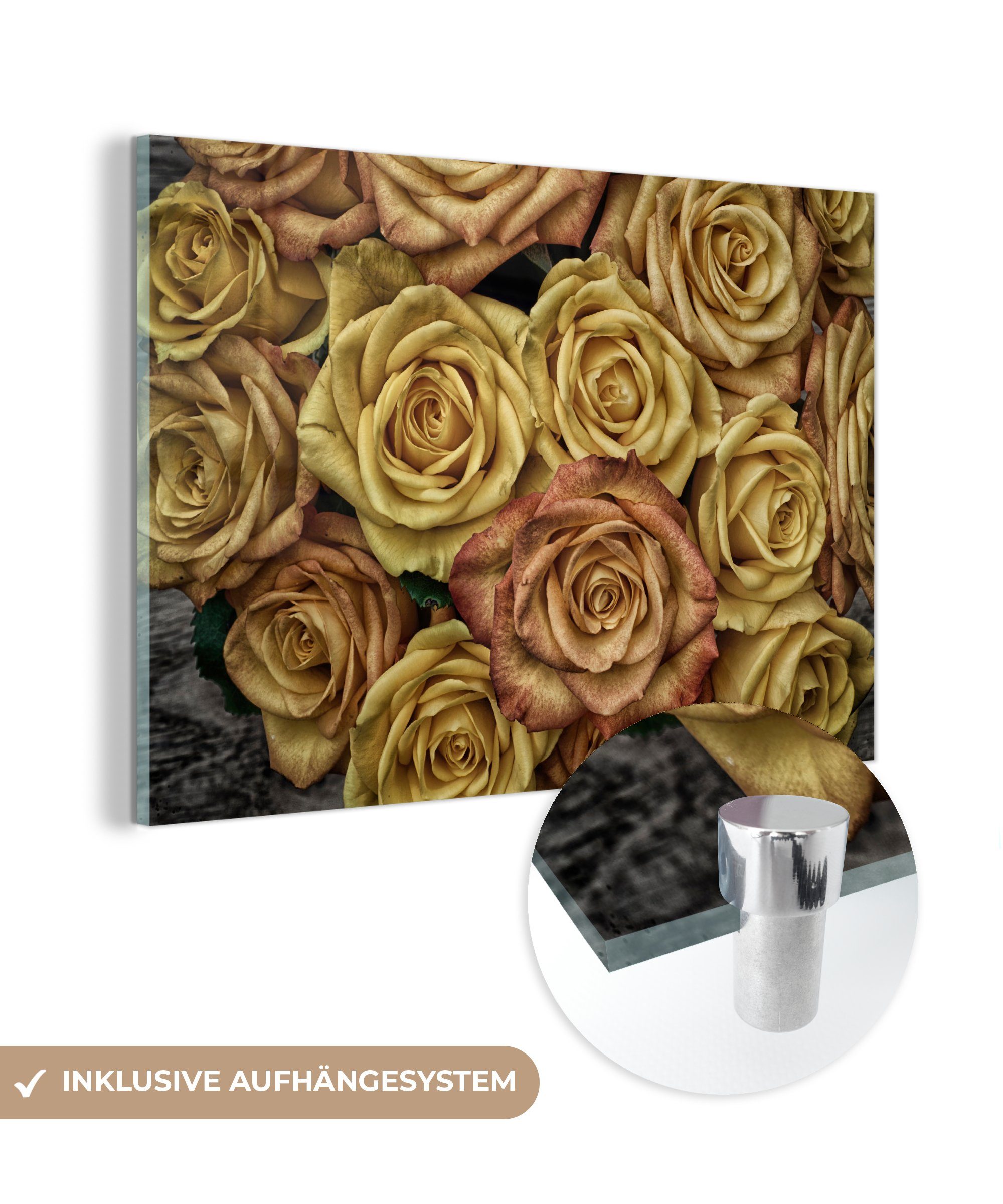 MuchoWow Acrylglasbild Rosen - Gold - Braun - Blumenstrauß, (1 St), Glasbilder - Bilder auf Glas Wandbild - Foto auf Glas - Wanddekoration