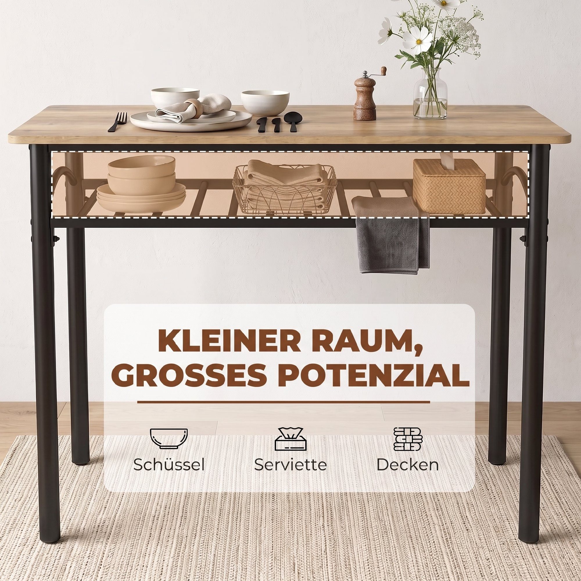 HOMCOM Essgruppe Esstisch-Set für kleine Räume, (Set, 4-tlg., 1 Tisch, 2 Stühle, 1 Bank), Platzsparend mit Ablage und Stauraum – Bild 4 von 5