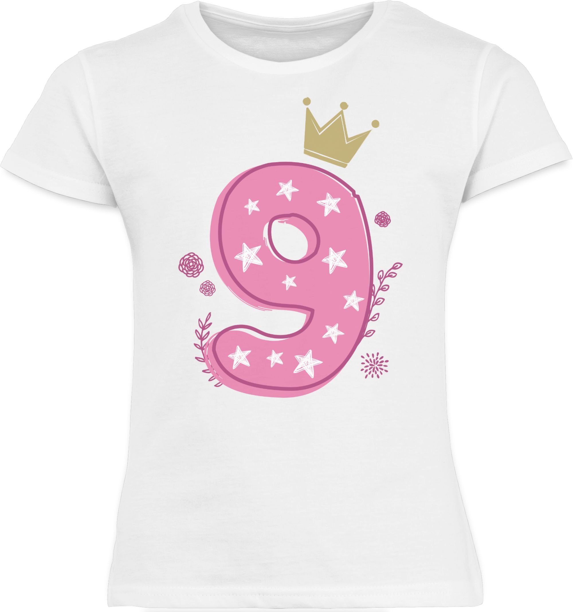 Shirtracer 9. 3 T-Shirt Geburtstag Neunter Sterne Mädchen Krone Weiß