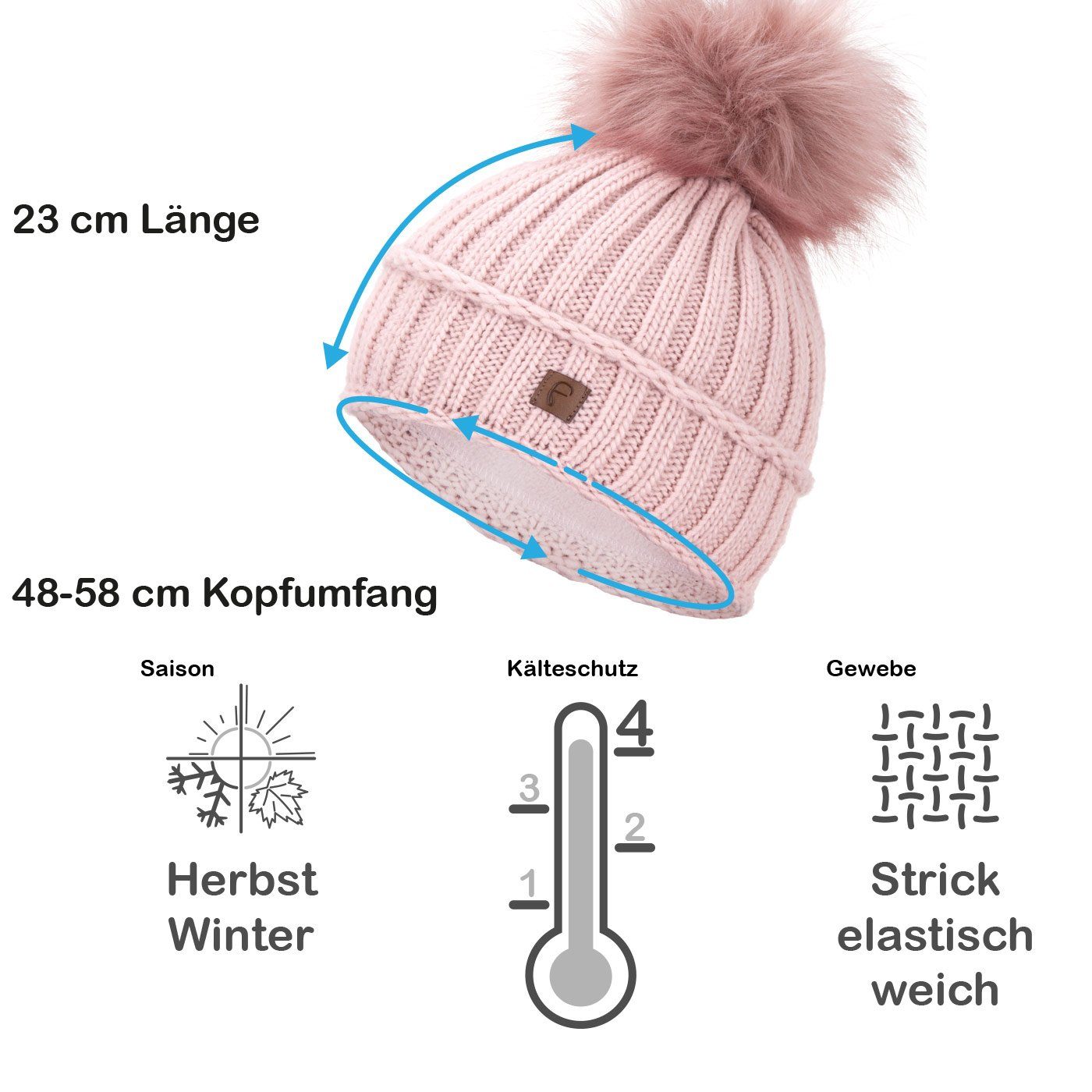 Faera Bommelmütze Gefütterte Wintermütze Damen Strickmütze Mütze Haube Beanie rose Herren