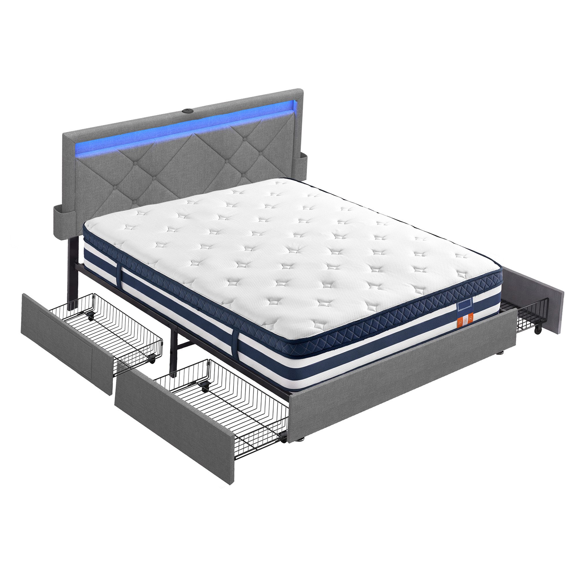 VASAGLE Polsterbett inkl. ergonomischer Matratze, mit LED(25 Farben), USB, 4 Schubladen, 140x200 cm, 4 Schubladen, USB, H3