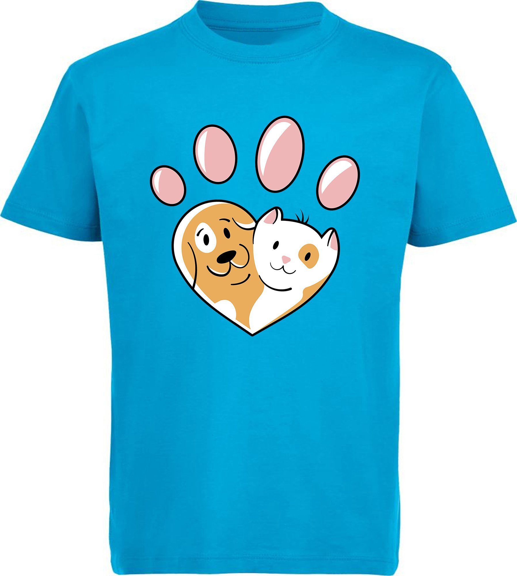 MyDesign24 Print-Shirt bedrucktes Kinder Hunde T-Shirt - Herz Pfote mit Hund und Katze Baumwollshirt mit Aufdruck, i223 aqua blau