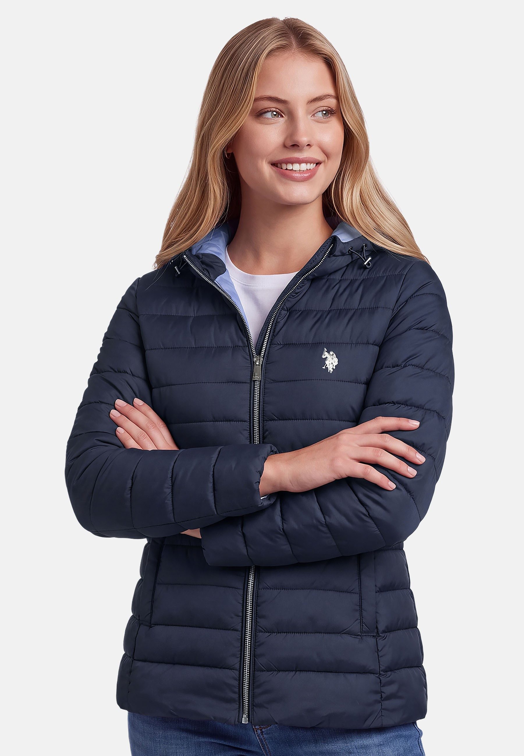 U.S. Polo Assn. Steppjacke Mit Kapuze, durchgehendem Reißverschluss und Logo-Stickerei