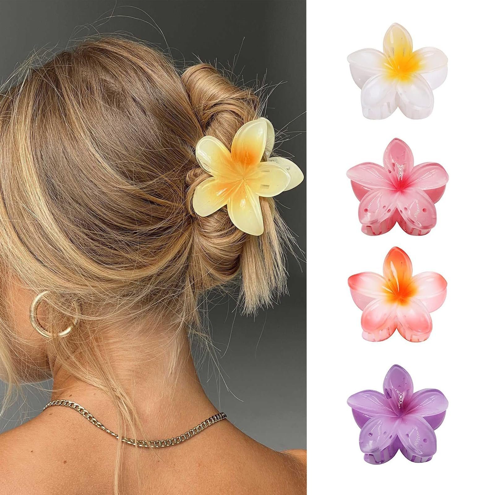 Haiaveng Haarspange 4 Stück Blumen-Haarklammern, große Krallenklammern für Dickes Haar, 4-tlg., hawaiianische Blumen-Klauenklammern