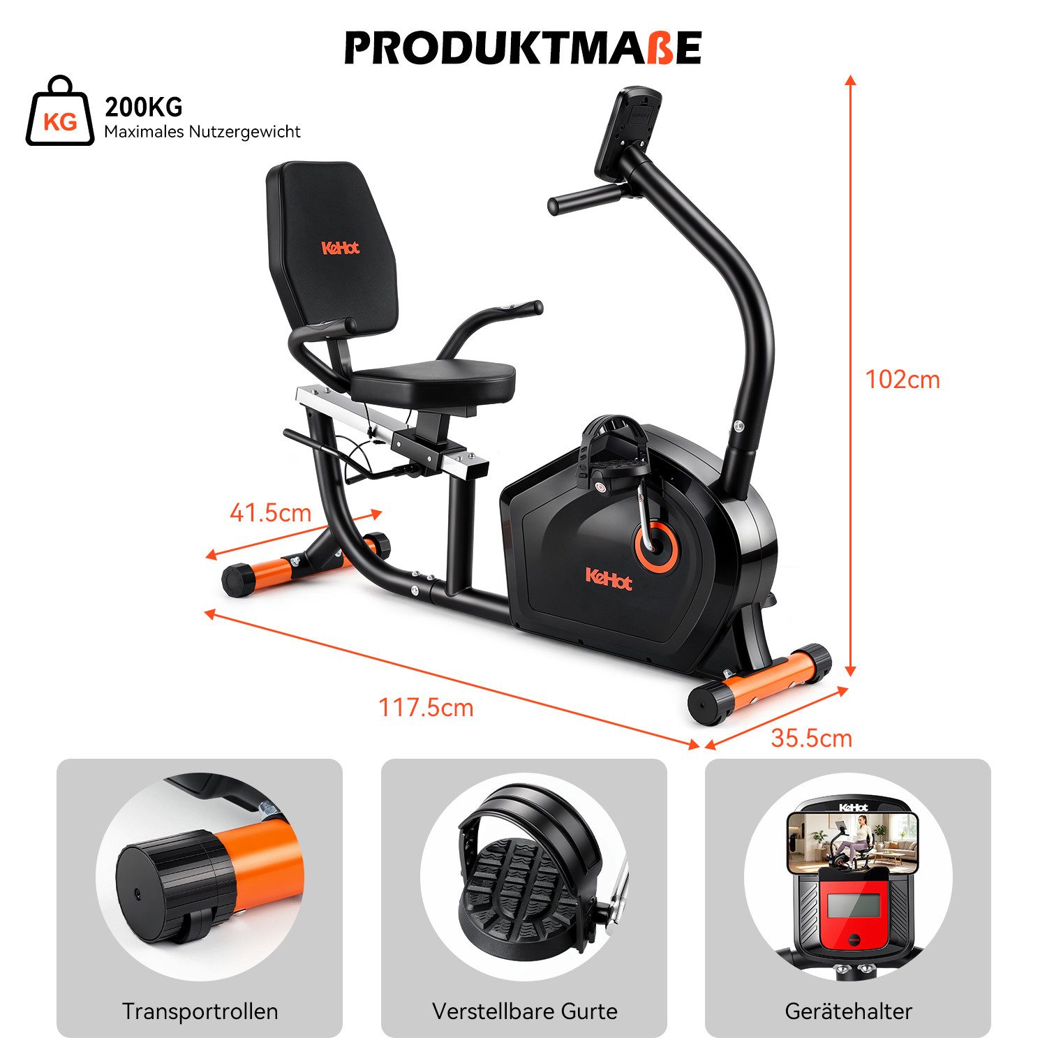 kehot Heimtrainer Liege-Heimtrainer Fahrrad mit Magnetbremse,4kg Schwungrad,16 Stufen (Liegeheimtrainer, Ergo-Sitz mit Rückenlehne & geneigtes Schienensystem, Bluetooth App kompatibel mit Kinomap & Zwift Training), Leiser Heimtrainer Fahrrad bis 200kg belastbar mit Pulssensor