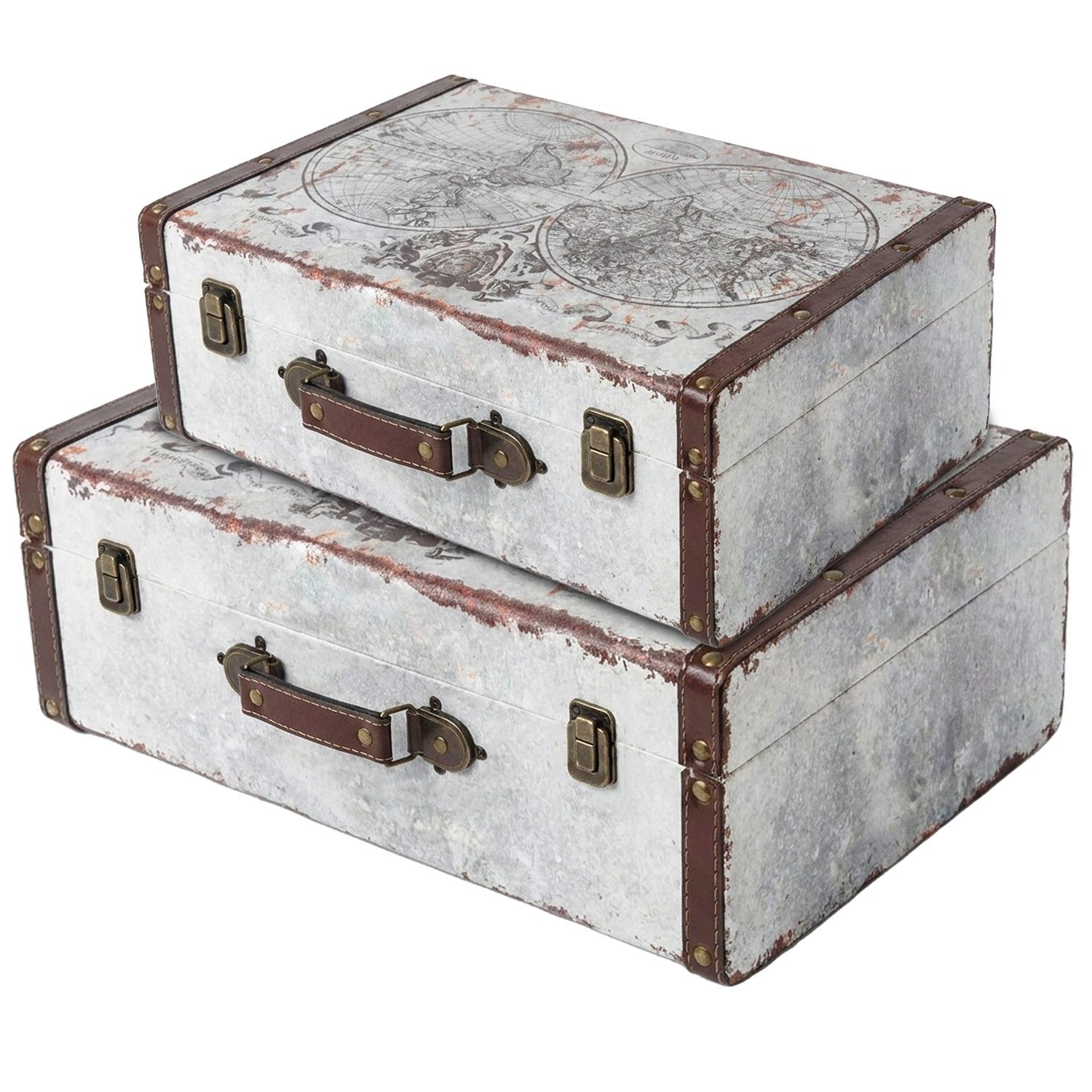 HMF Aufbewahrungsbox Handgefertigter Vintage Koffer aus Holz, Deko Koffer (versch. Größen), Geschenkkoffer im Weltkarten Design