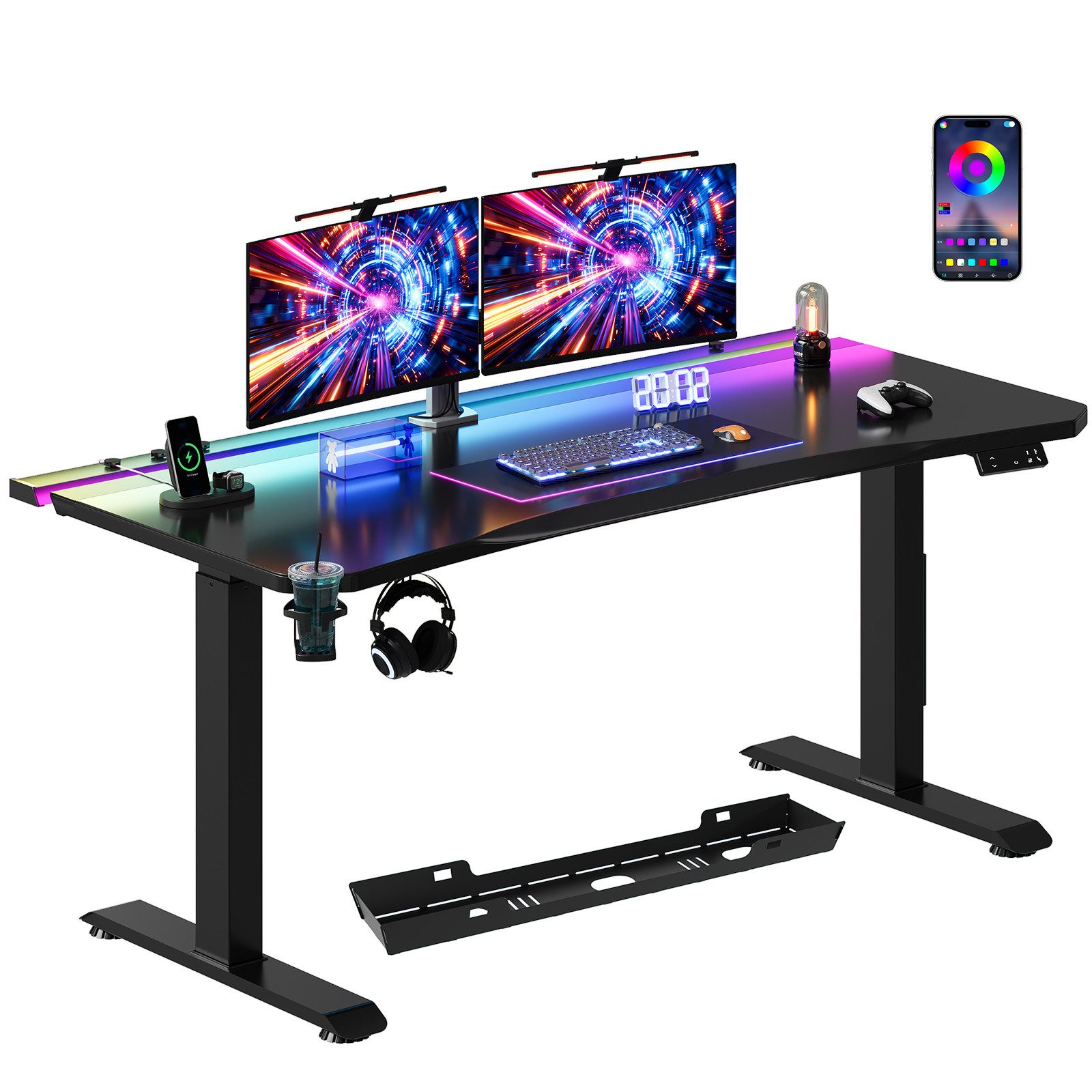 HOMALL Gamingtisch Höhenverstellbarer Schreibtisch, Gaming-Tisch mit RGB-LED-Beleuchtung (Maße: 160 × 70 cm, höhenverstellbarer Schreibtisch mit zwei Motoren, 4 voreingestellte Höhenstufen, 20 mm dicke Tischplatte in Kunstlederoptik, ausgestattet mit Kabe