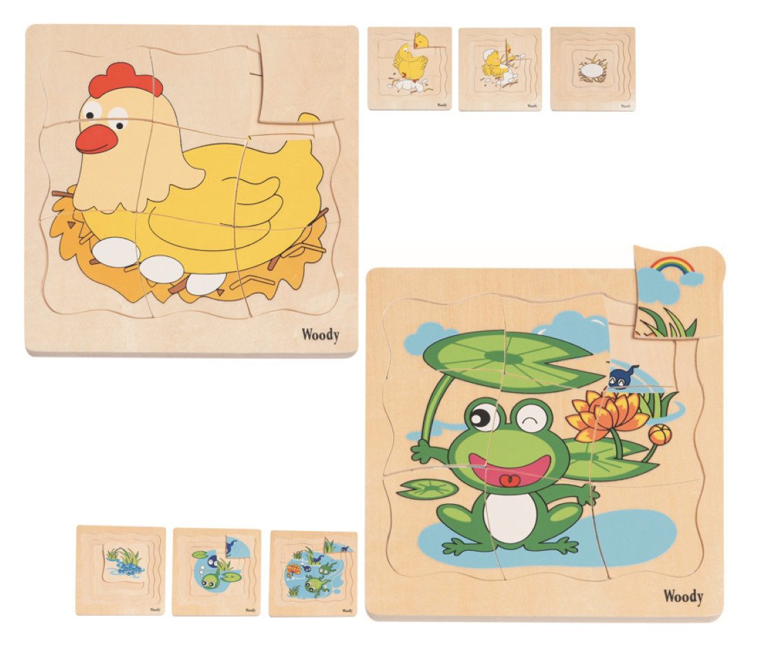 Woodyland Lernspielzeug 2er Set 3D Rahmenpuzzel mit 4 Ebenen- Frosch und Huhn - Legespiel, 2er Puzzleset - 3D Puzzle