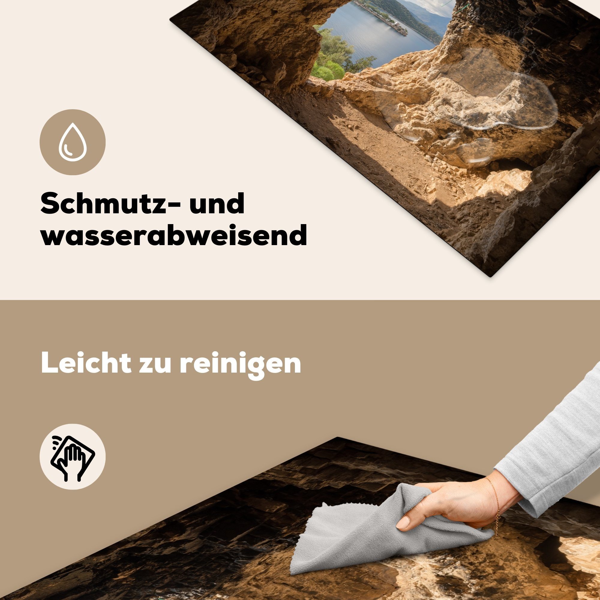 Arbeitsplatte Landschaft, - Natur cm, - Herdblende-/Abdeckplatte Höhle für 81x52 - Vinyl, Wasser tlg), Ceranfeldabdeckung, MuchoWow (1 küche