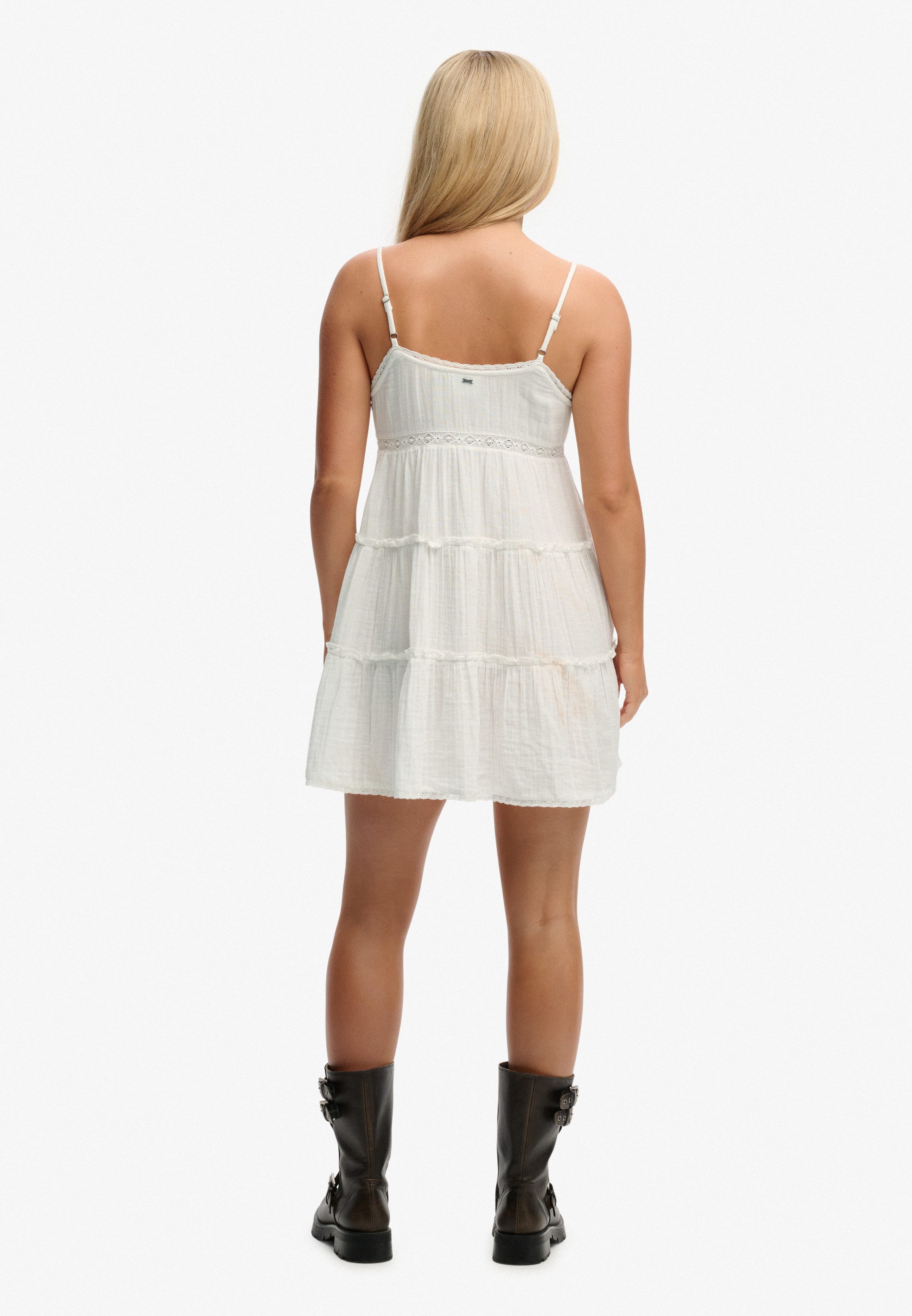 Superdry Sommerkleid CHEESECLOTH TIERED MINI DRESS aus Baumwolle, Relaxed Fit, ohne Ärmel, pflegeleichtes Webmaterial