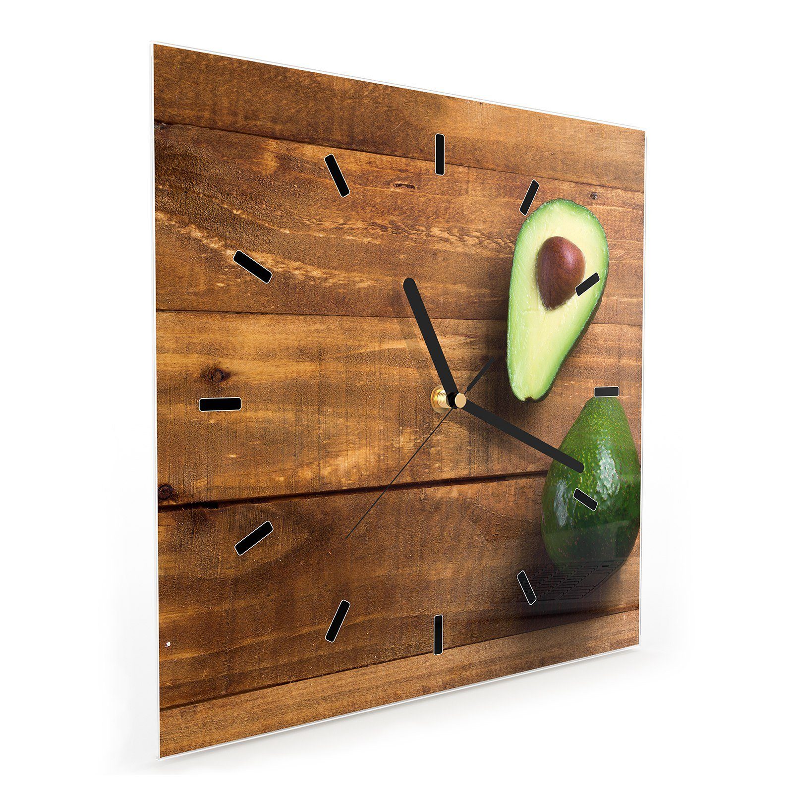 Motiv cm Größe 30 Wanduhr Wandkunst Holztisch x auf mit Glasuhr 30 Primedeco Avocado Wanduhr